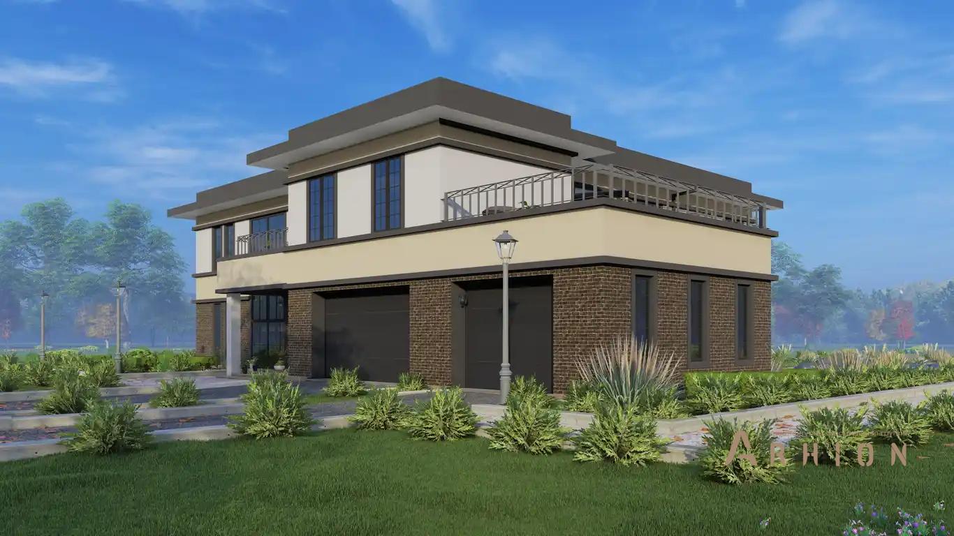 11. Проект двухэтажного дома в стиле лофт с плоской кровлей , H-1520, площадью - 904 кв c мансардой, терассой, балконом, гаражом