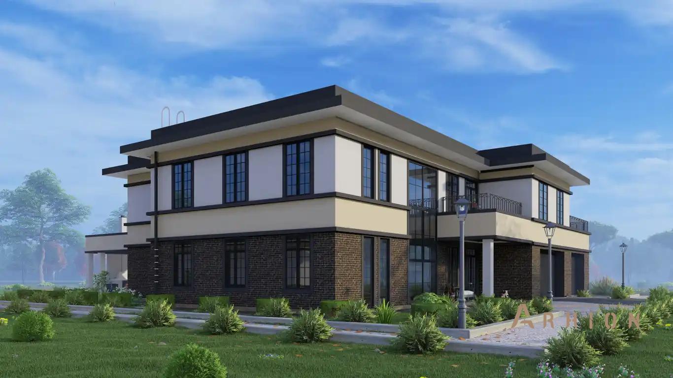 10. Проект двухэтажного дома в стиле лофт с плоской кровлей , H-1520, площадью - 904 кв c мансардой, терассой, балконом, гаражом