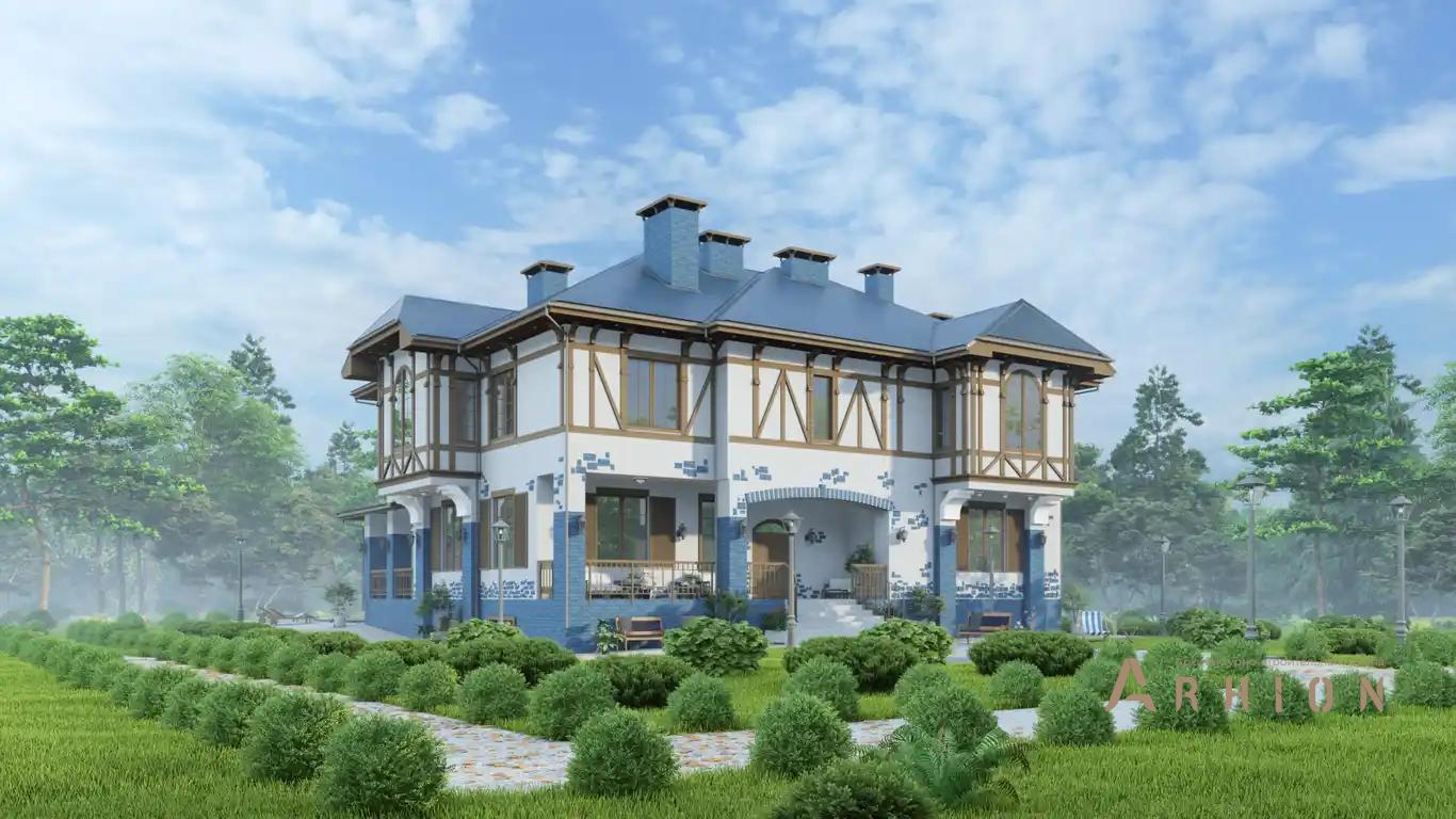 7. Проект двухэтажного дома в скандинавском стиле с многоскатной кровлей, H-1523, площадью - 600 кв c цокольным этажом, сауной, терассой, балконом