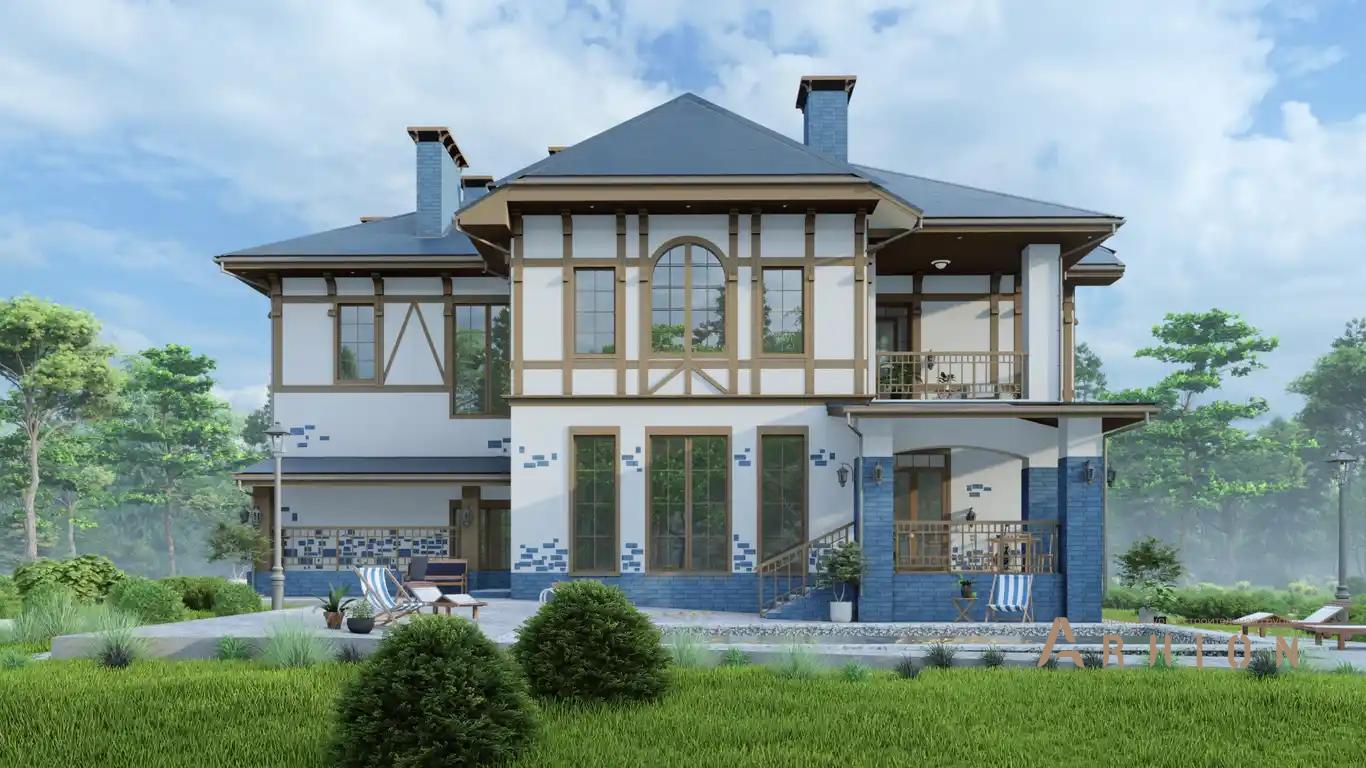 5. Проект двухэтажного дома в скандинавском стиле с многоскатной кровлей, H-1523, площадью - 600 кв c цокольным этажом, сауной, терассой, балконом