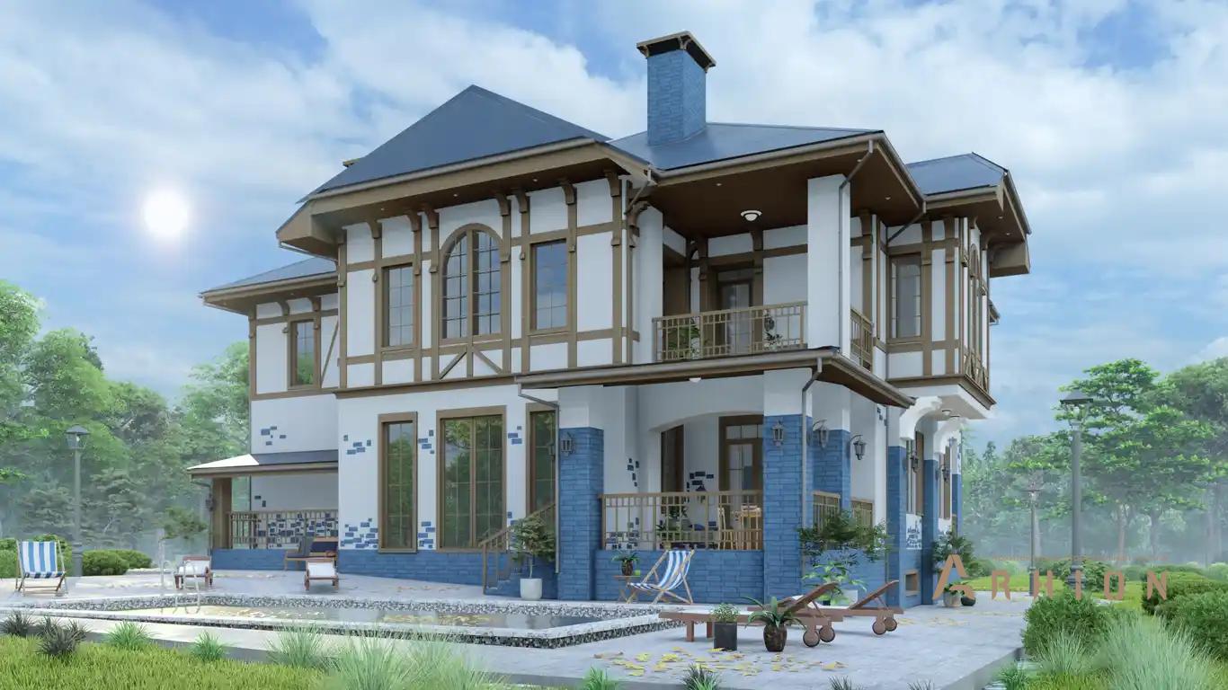 3. Проект двухэтажного дома в скандинавском стиле с многоскатной кровлей, H-1523, площадью - 600 кв c цокольным этажом, сауной, терассой, балконом