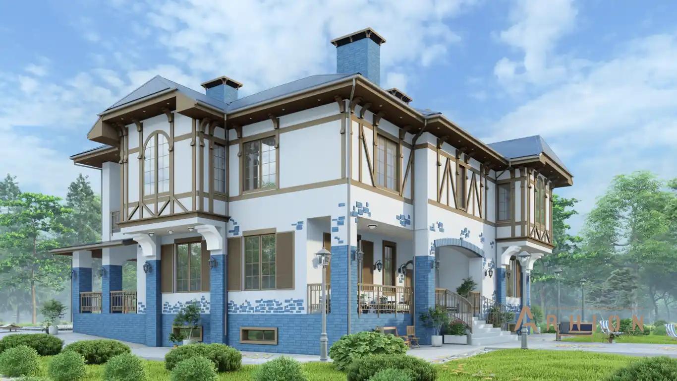 2. Проект двухэтажного дома в скандинавском стиле с многоскатной кровлей, H-1523, площадью - 600 кв c цокольным этажом, сауной, терассой, балконом