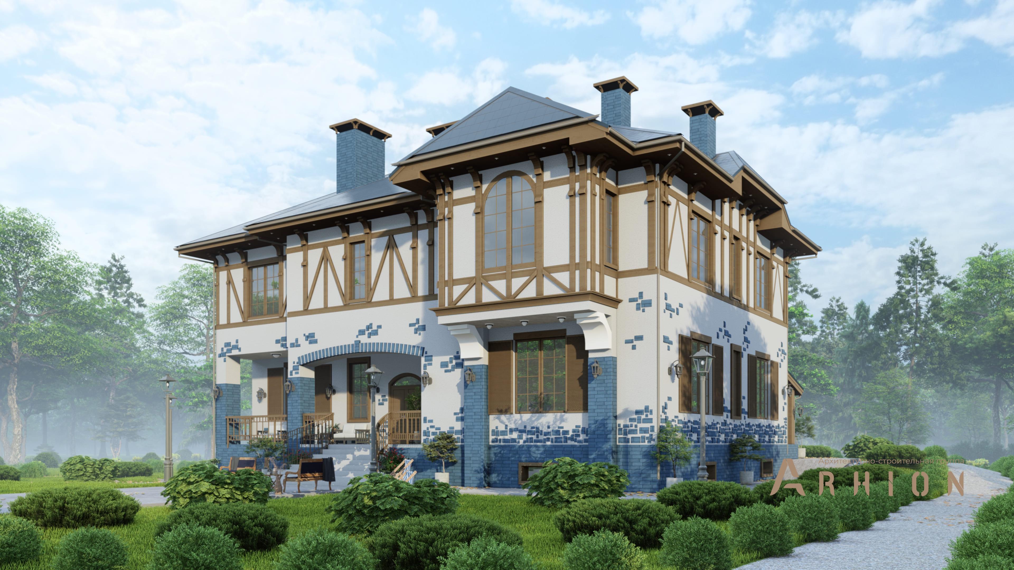 1. Проект двухэтажного дома в скандинавском стиле с многоскатной кровлей, H-1523, площадью - 600 кв c цокольным этажом, сауной, терассой, балконом