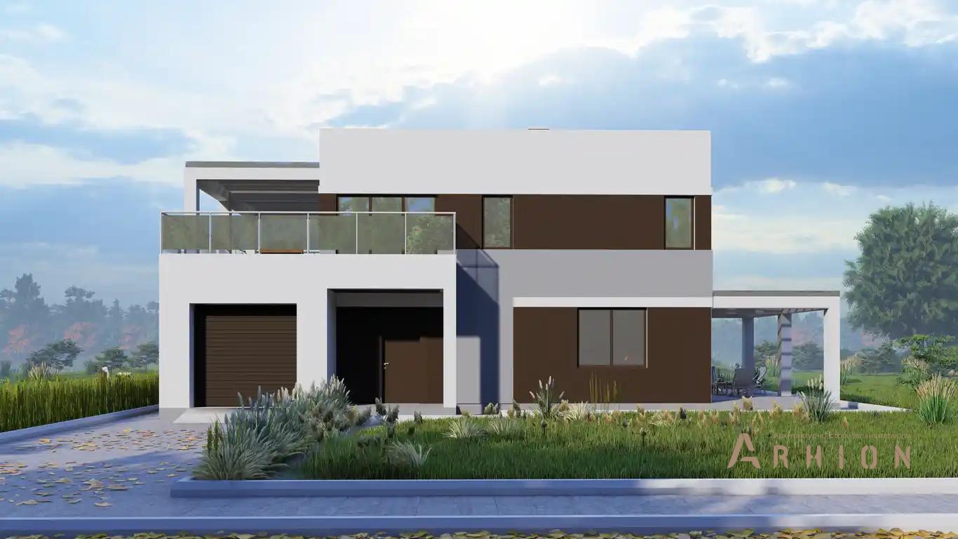 1. Проект двухэтажного дома в стиле хай-тек с плоской кровлей , H-1527, площадью - 144 кв c терассой, балконом, гаражом