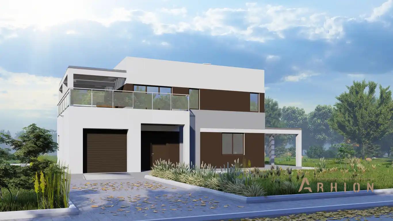 5. Проект двухэтажного дома в стиле хай-тек с плоской кровлей , H-1527, площадью - 144 кв c терассой, балконом, гаражом