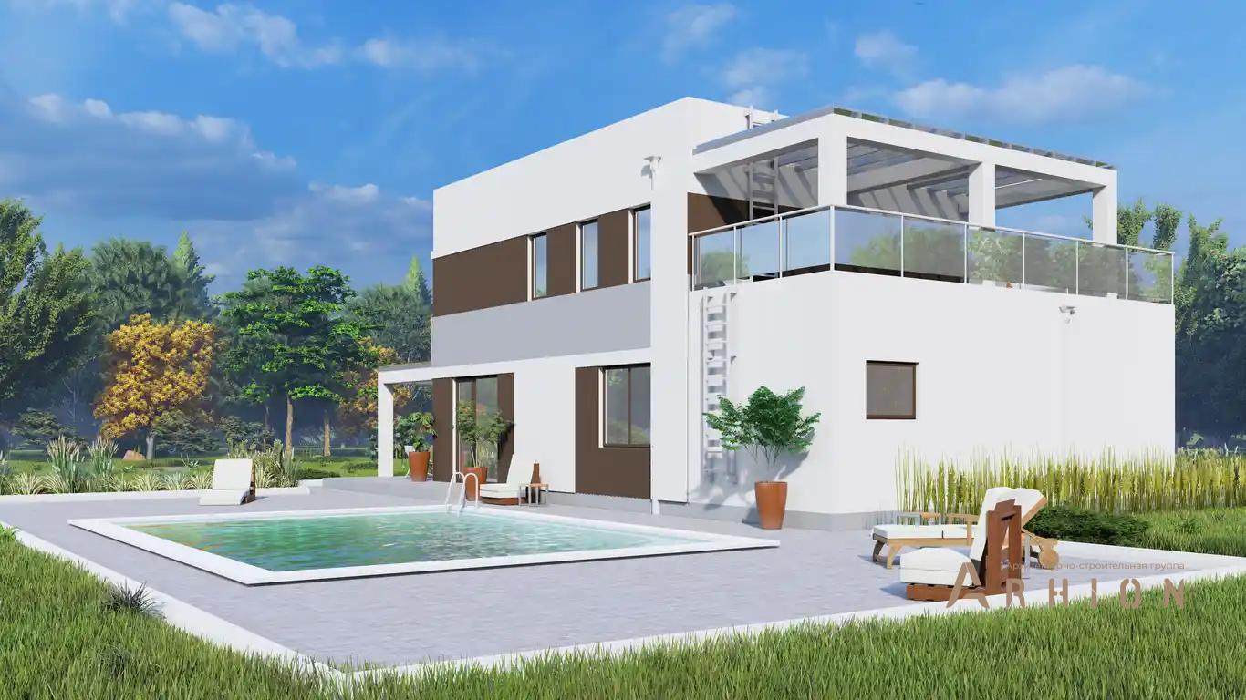 7. Проект двухэтажного дома в стиле хай-тек с плоской кровлей , H-1527, площадью - 144 кв c терассой, балконом, гаражом