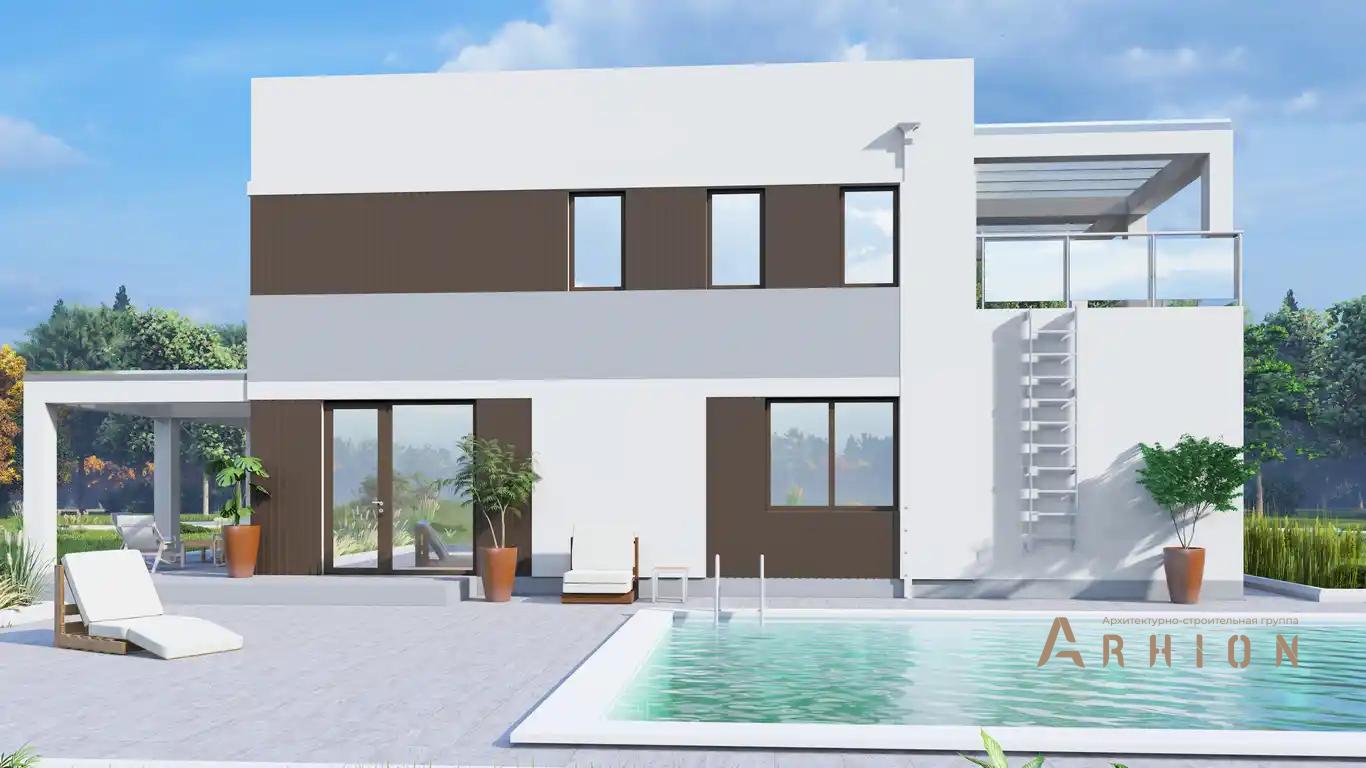 6. Проект двухэтажного дома в стиле хай-тек с плоской кровлей , H-1527, площадью - 144 кв c терассой, балконом, гаражом