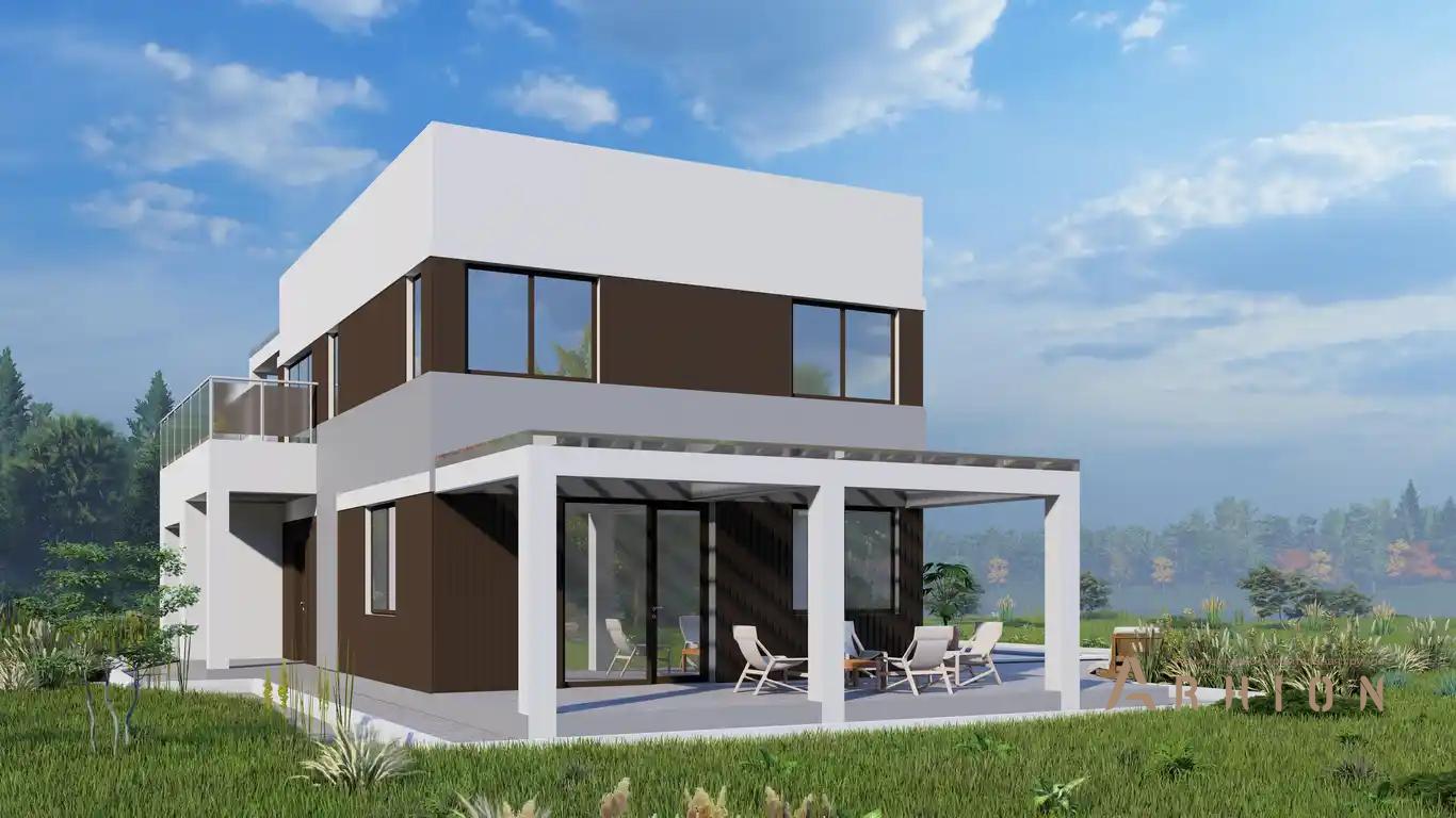 2. Проект двухэтажного дома в стиле хай-тек с плоской кровлей , H-1527, площадью - 144 кв c терассой, балконом, гаражом