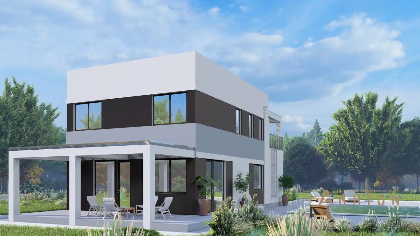 4. Проект двухэтажного дома в стиле хай-тек с плоской кровлей , H-1527, площадью - 144 кв c терассой, балконом, гаражом