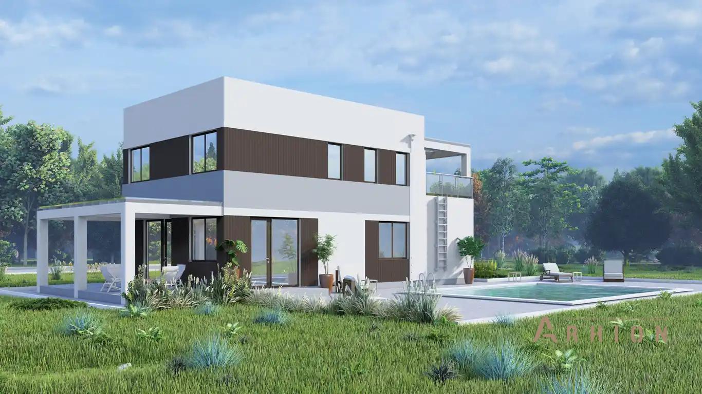 3. Проект двухэтажного дома в стиле хай-тек с плоской кровлей , H-1527, площадью - 144 кв c терассой, балконом, гаражом