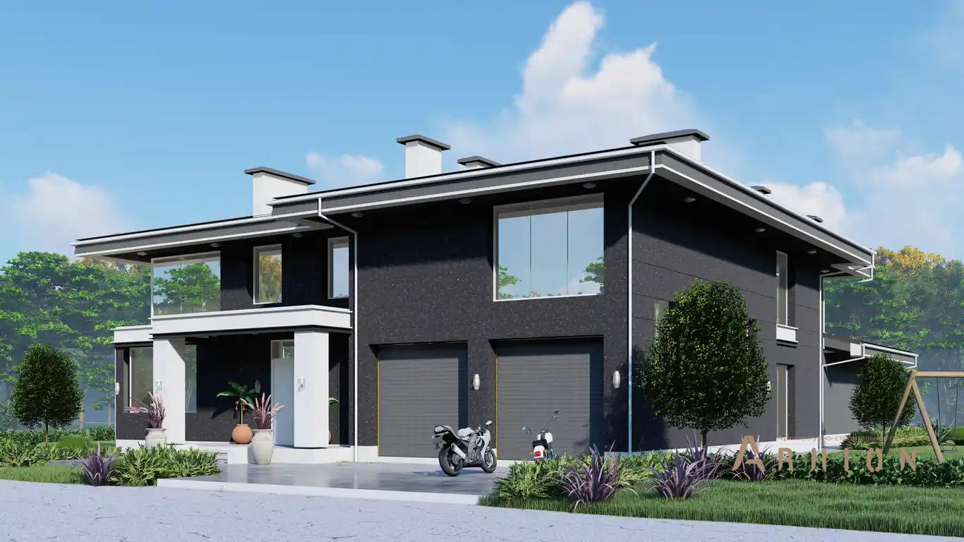 1. Проект двухэтажного дома в современном стиле с многоскатной кровлей, H-1528, площадью - 630 кв c терассой, гаражом, бассейном, вторым светом