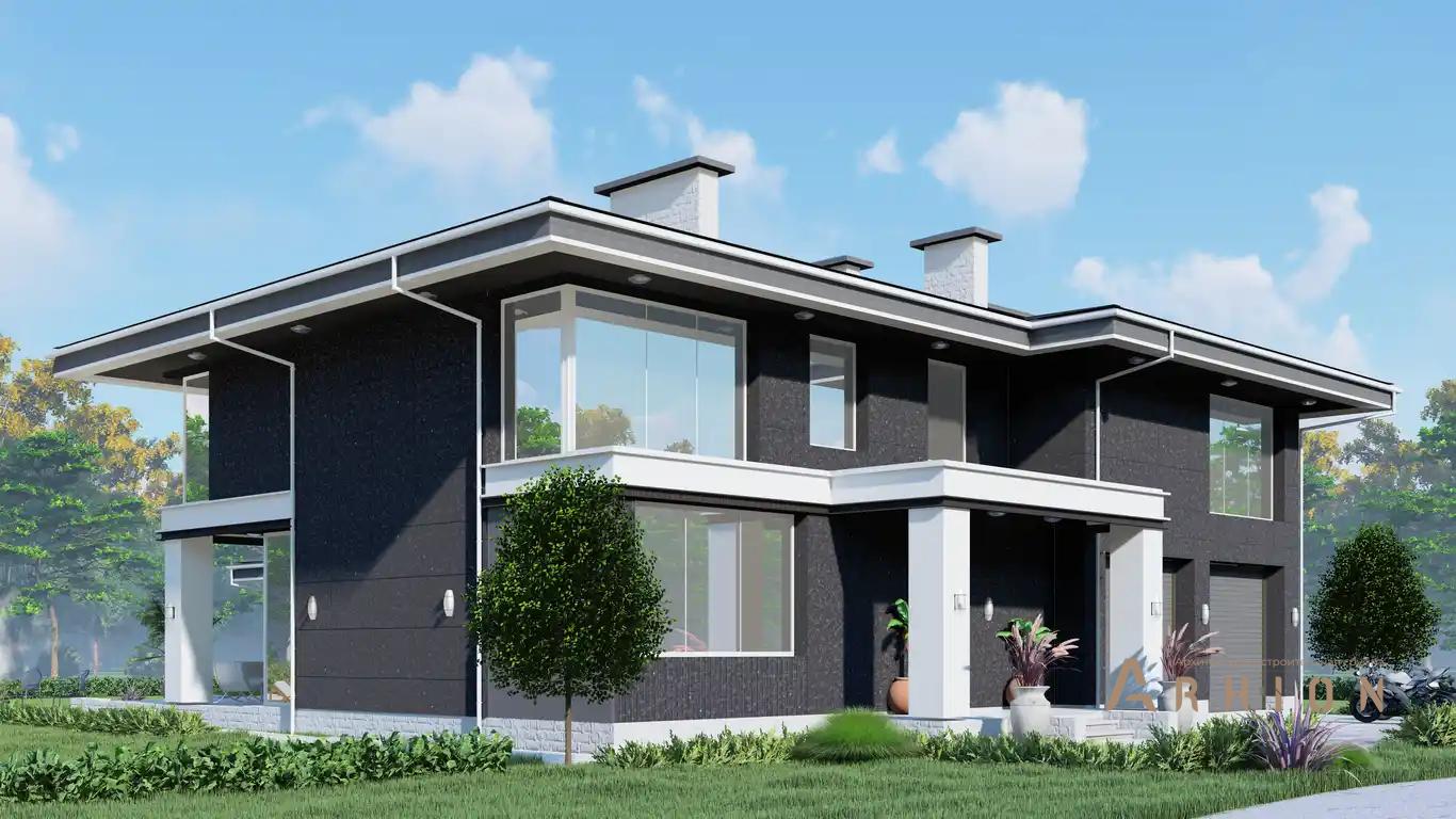 2. Проект двухэтажного дома в современном стиле с многоскатной кровлей, H-1528, площадью - 630 кв c терассой, гаражом, бассейном, вторым светом