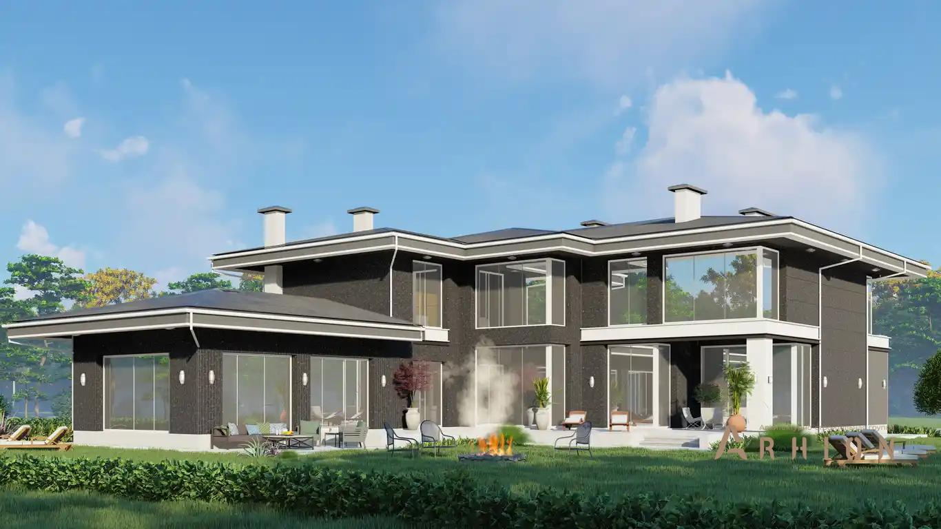 8. Проект двухэтажного дома в современном стиле с многоскатной кровлей, H-1528, площадью - 630 кв c терассой, гаражом, бассейном, вторым светом