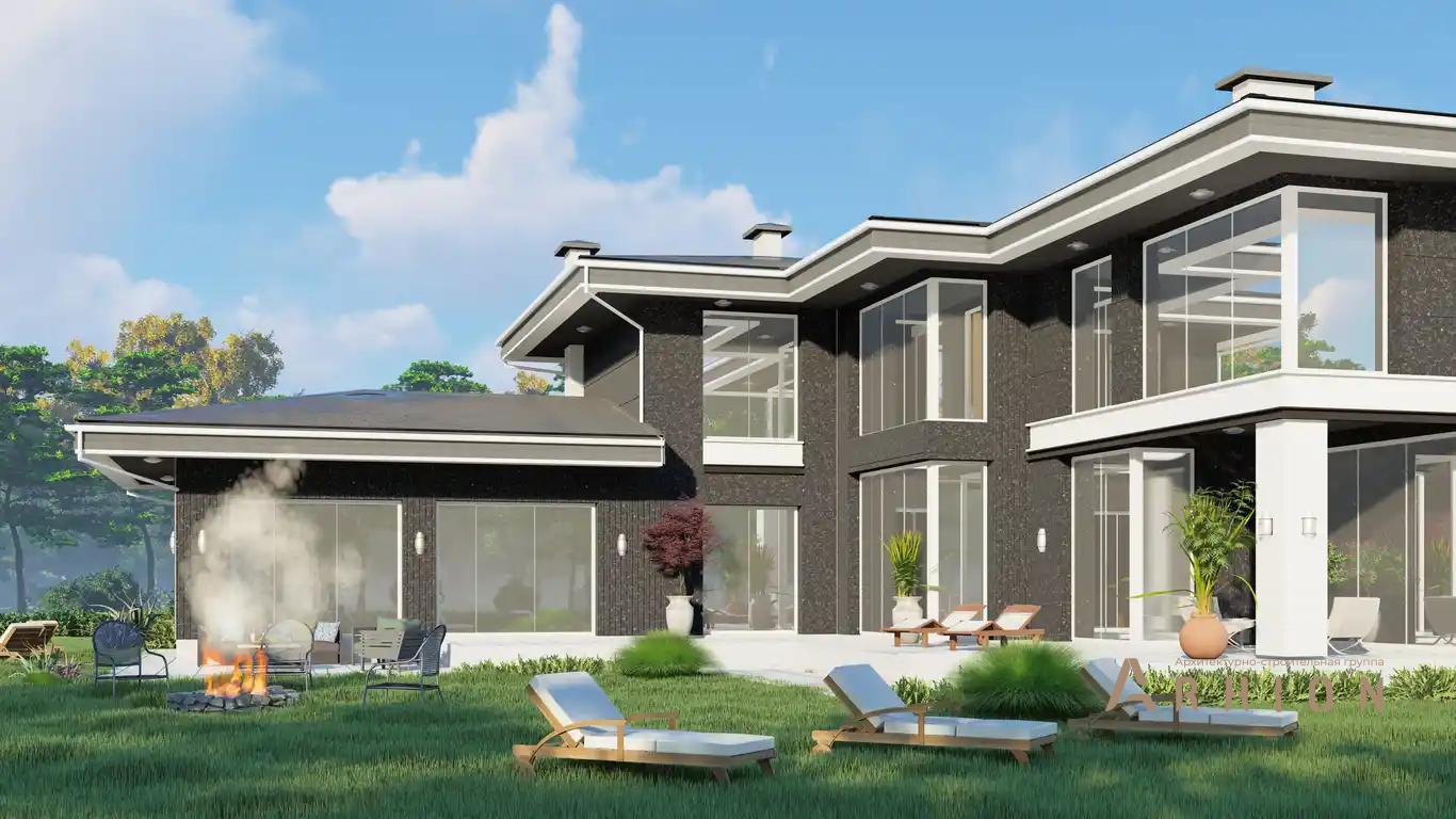 7. Проект двухэтажного дома в современном стиле с многоскатной кровлей, H-1528, площадью - 630 кв c терассой, гаражом, бассейном, вторым светом