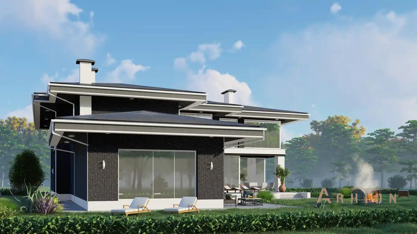 5. Проект двухэтажного дома в современном стиле с многоскатной кровлей, H-1528, площадью - 630 кв c терассой, гаражом, бассейном, вторым светом