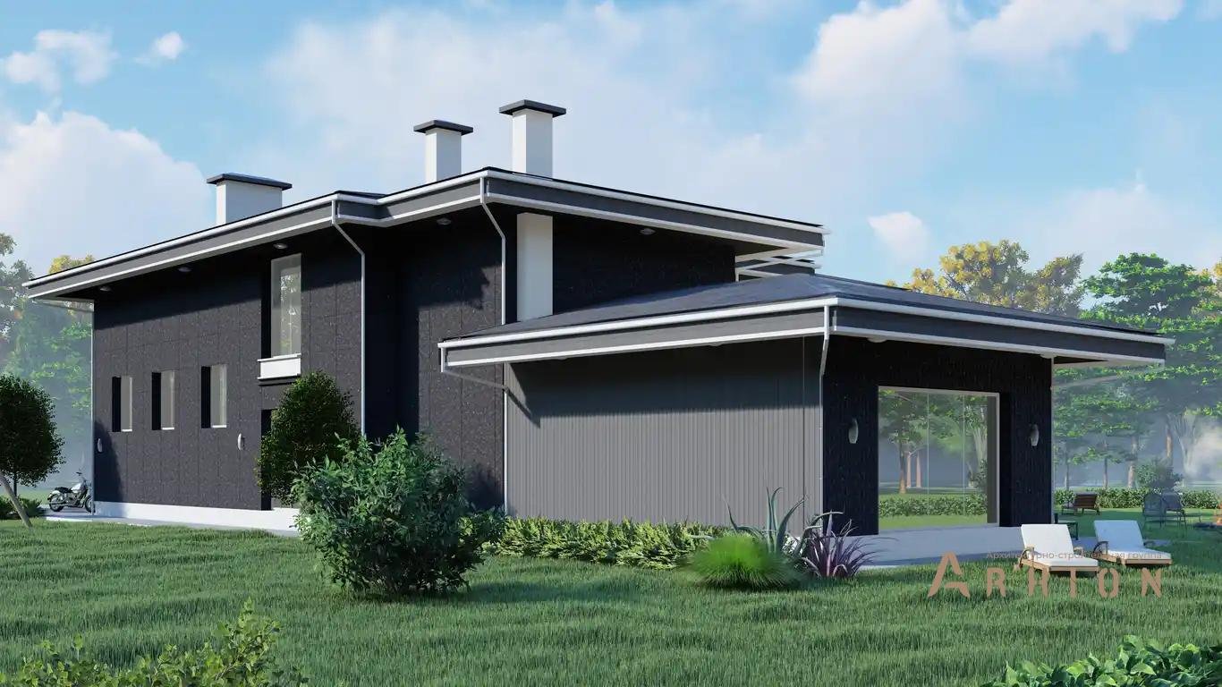 4. Проект двухэтажного дома в современном стиле с многоскатной кровлей, H-1528, площадью - 630 кв c терассой, гаражом, бассейном, вторым светом