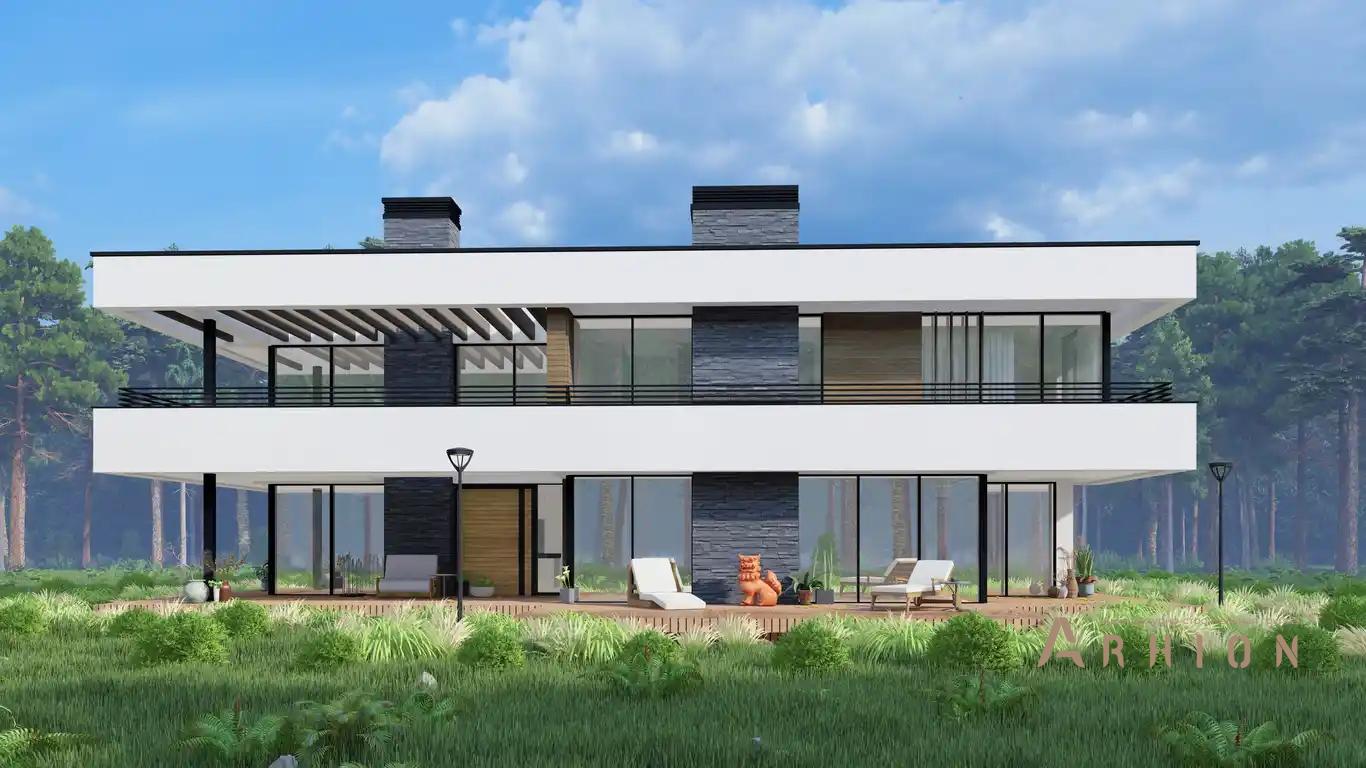 1. Проект двухэтажного дома в стиле хай-тек с плоской кровлей , H-1531, площадью - 315 кв c терассой, балконом, гаражом