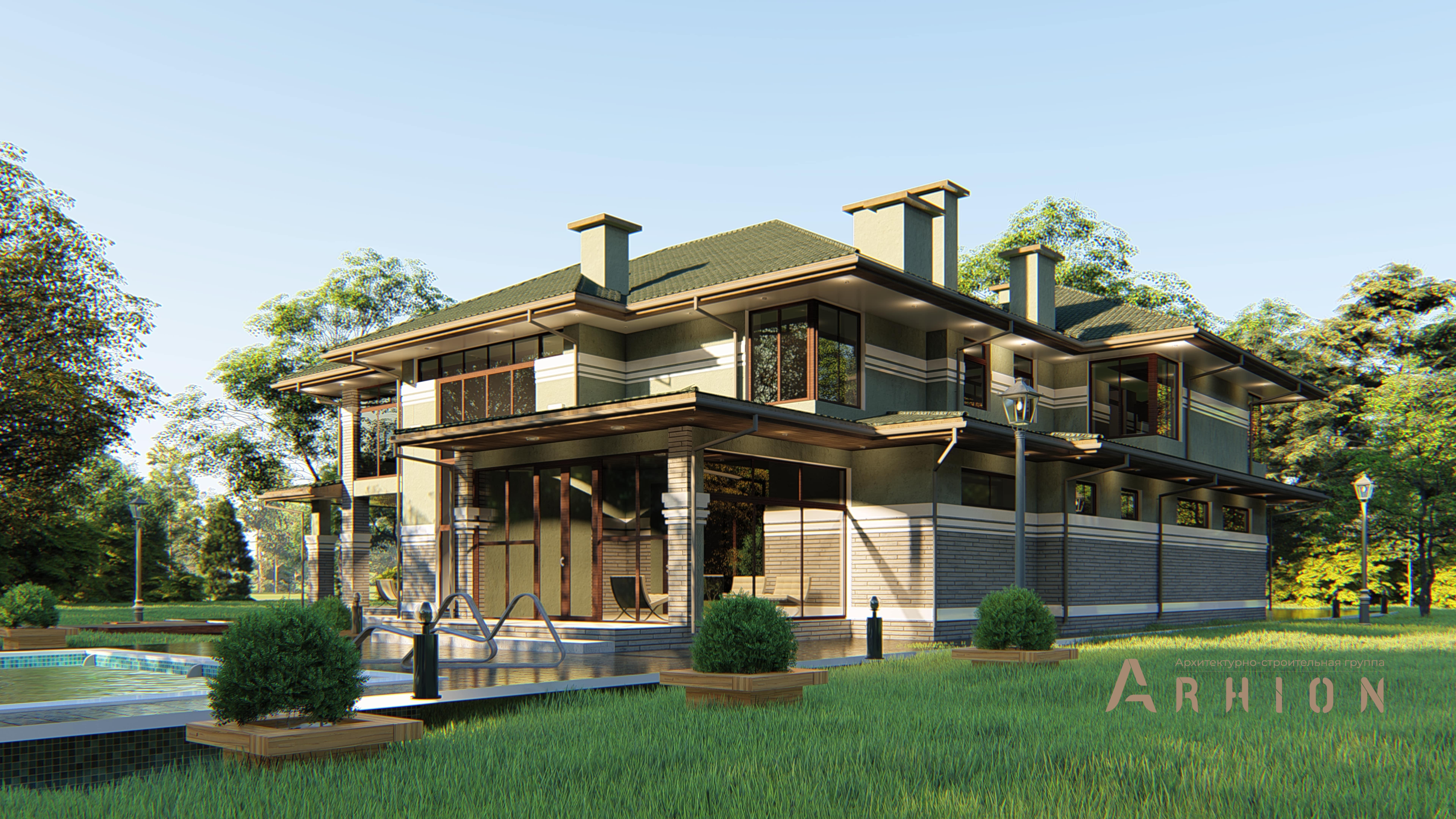 4. Проект двухэтажного дома в стиле Ллойда Райта (прерий) с многоскатной кровлей, H-1601, площадью - 387 кв c терассой, балконом, гаражом, эркером