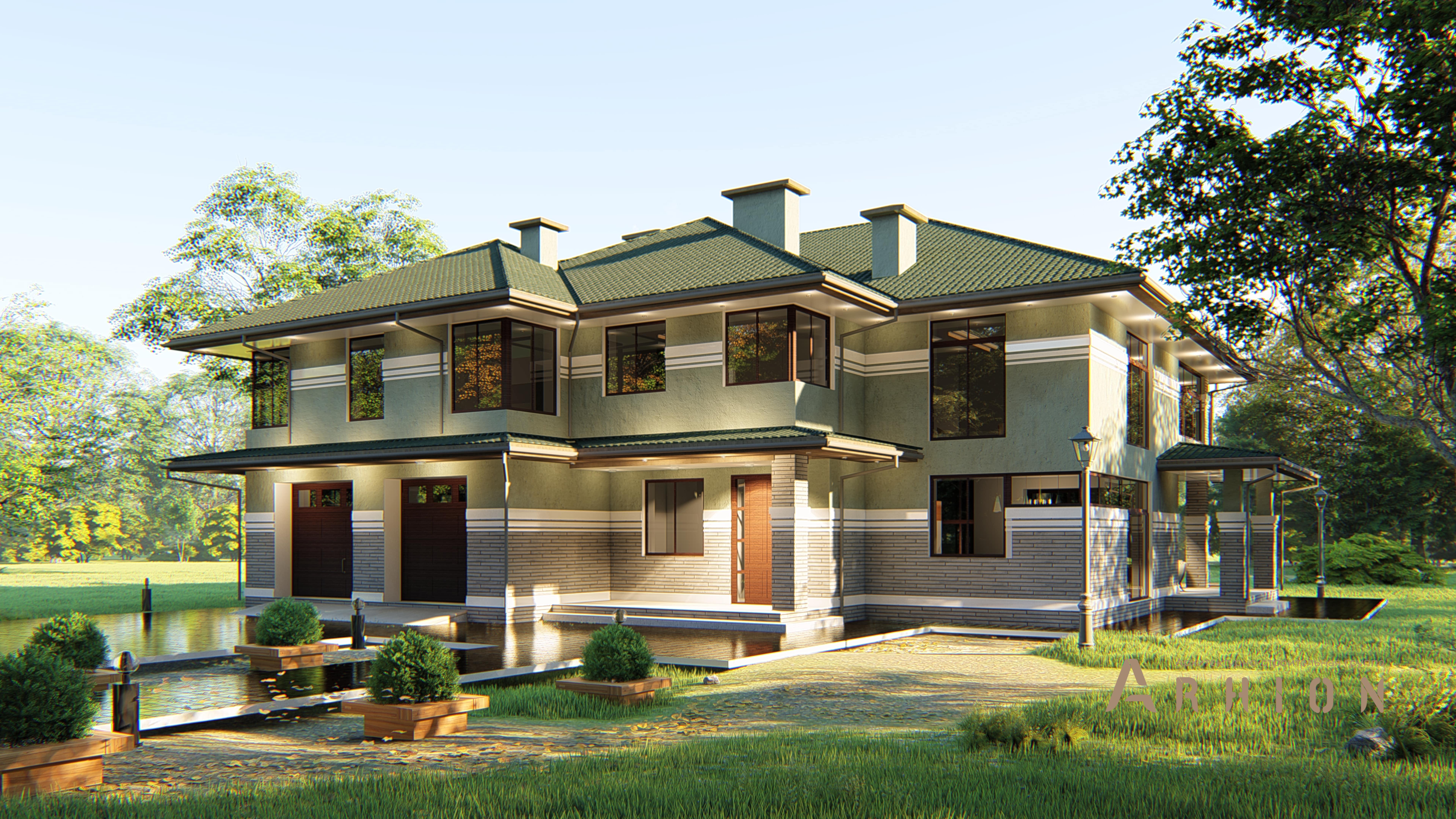 3. Проект двухэтажного дома в стиле Ллойда Райта (прерий) с многоскатной кровлей, H-1601, площадью - 387 кв c терассой, балконом, гаражом, эркером