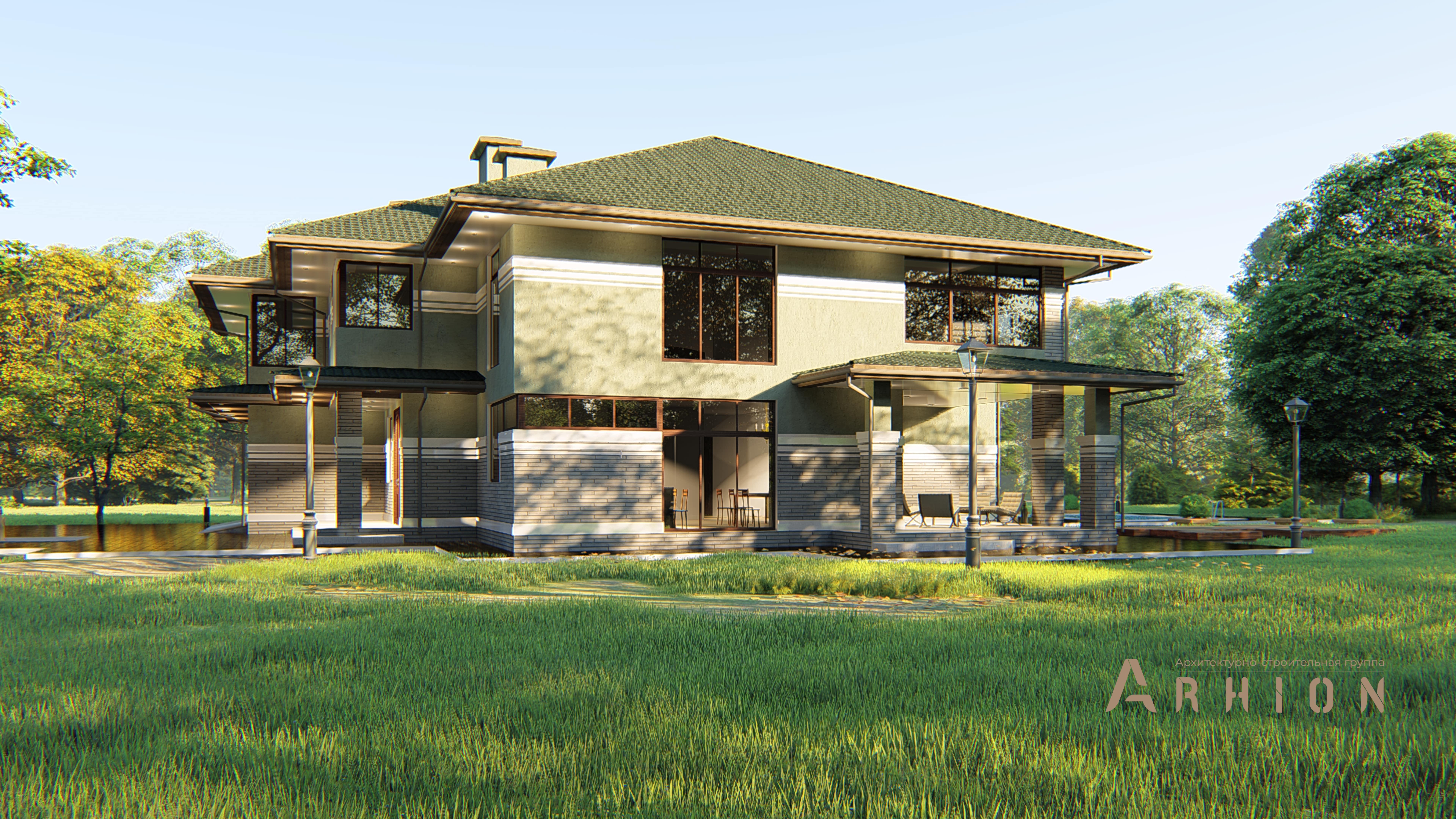 2. Проект двухэтажного дома в стиле Ллойда Райта (прерий) с многоскатной кровлей, H-1601, площадью - 387 кв c терассой, балконом, гаражом, эркером