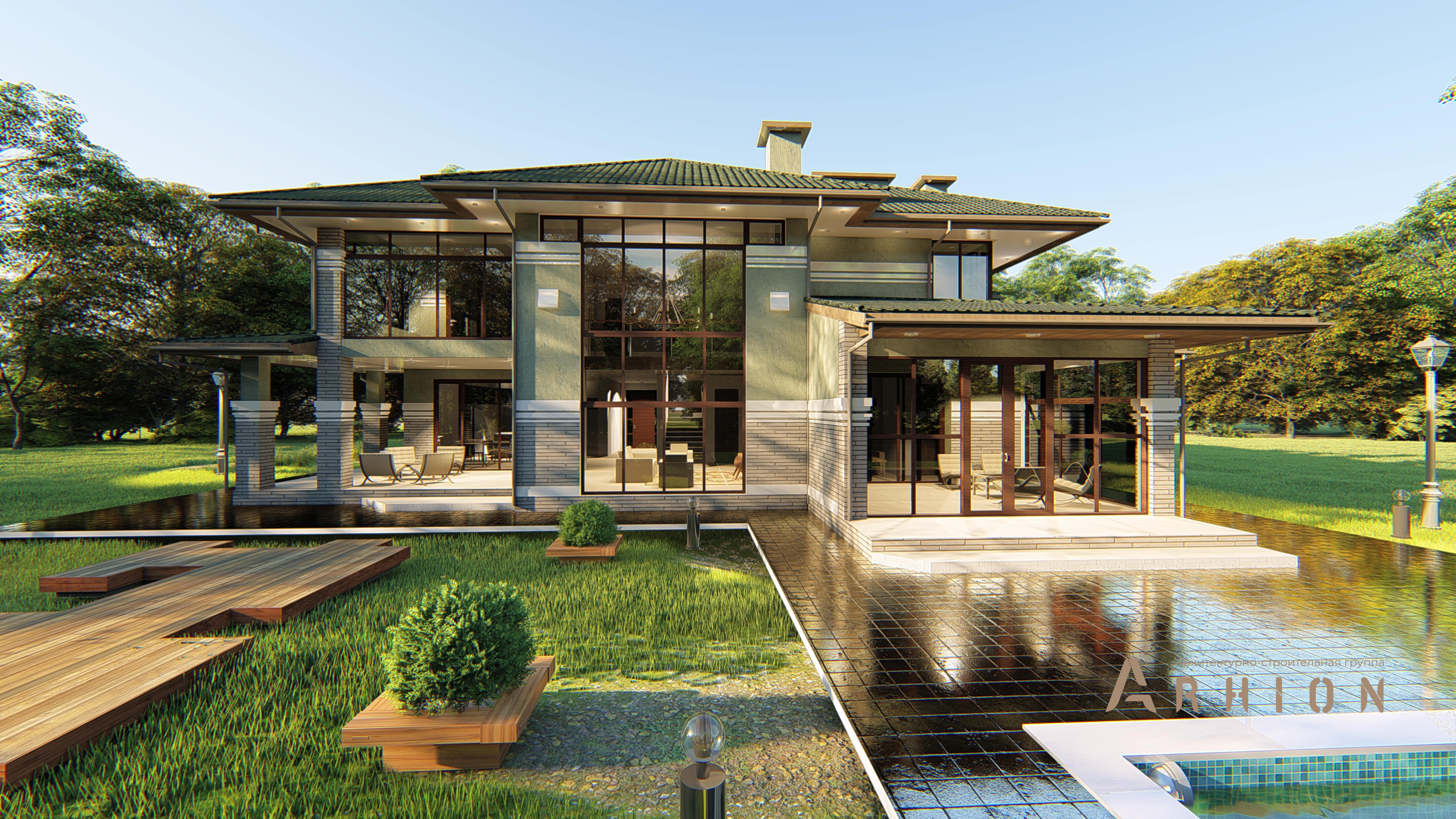 1. Проект двухэтажного дома в стиле Ллойда Райта (прерий) с многоскатной кровлей, H-1601, площадью - 387 кв c терассой, балконом, гаражом, эркером