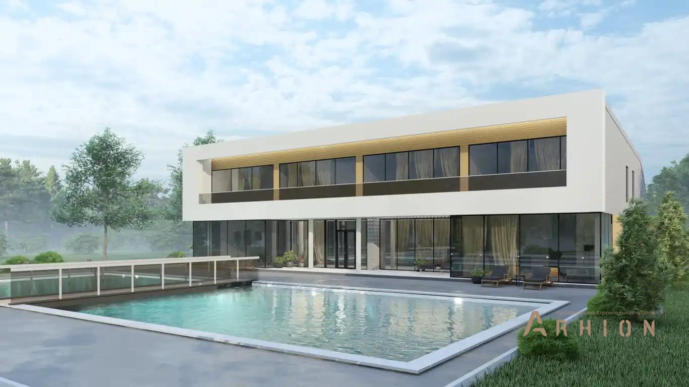 2. Проект двухэтажного дома в стиле хай-тек с плоской кровлей , h-1605, площадью - 451 кв c сауной, терассой, балконом, бассейном