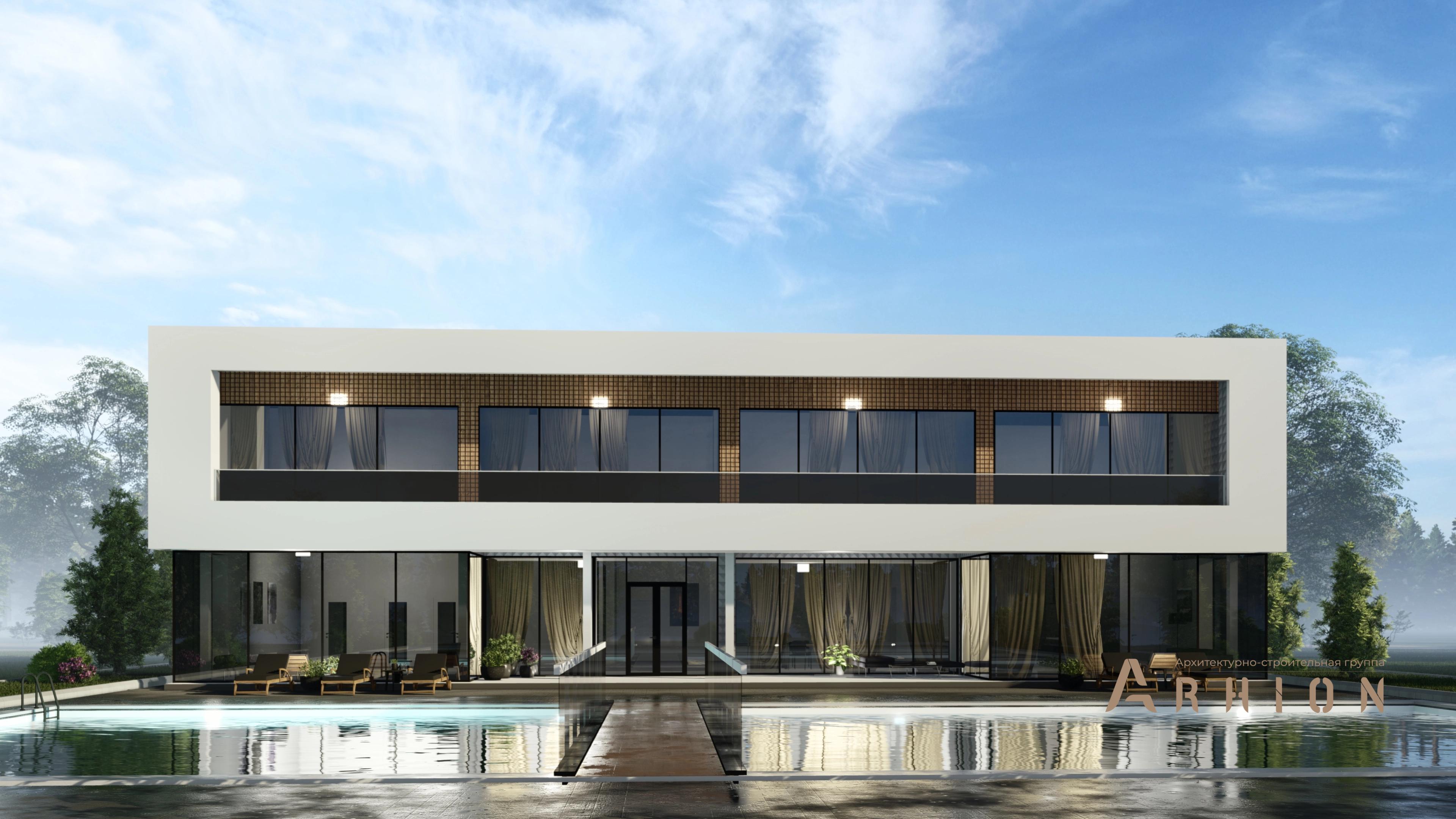 3. Проект двухэтажного дома в стиле хай-тек с плоской кровлей , h-1605, площадью - 451 кв c сауной, терассой, балконом, бассейном