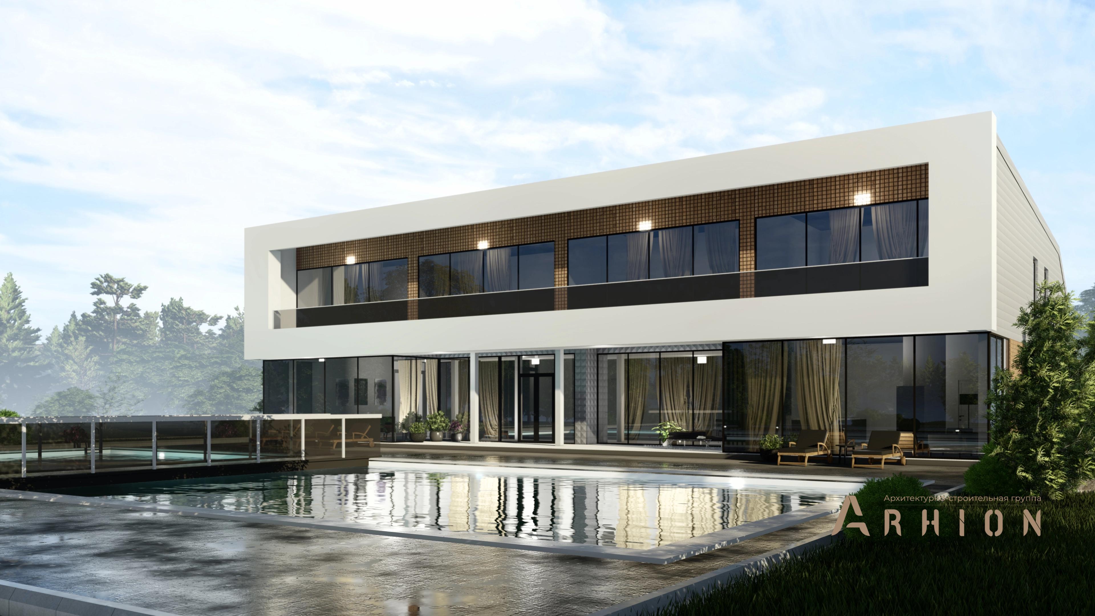 1. Проект двухэтажного дома в стиле хай-тек с плоской кровлей , h-1605, площадью - 451 кв c сауной, терассой, балконом, бассейном