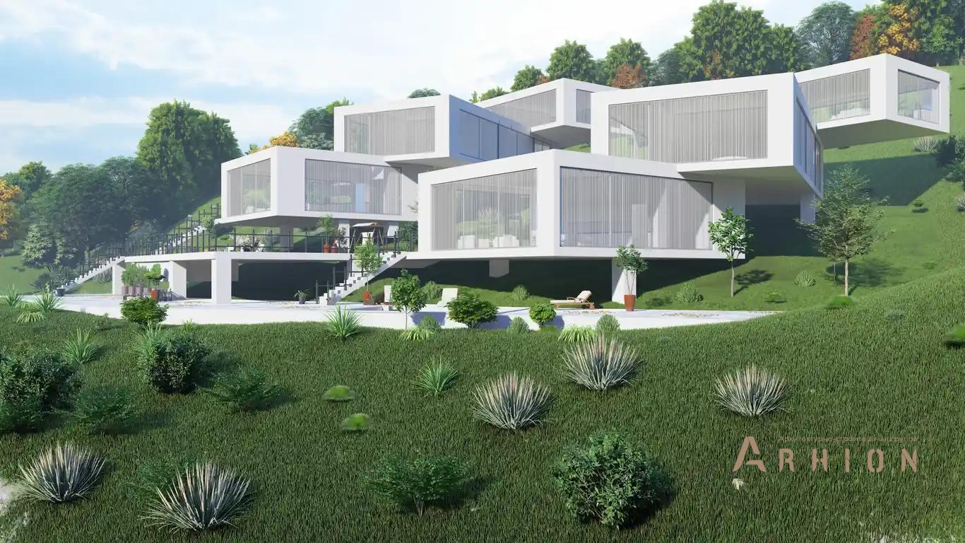 1. Проект трехэтажного дома в стиле хай-тек с плоской кровлей , h-1609, площадью - 750 кв c терассой