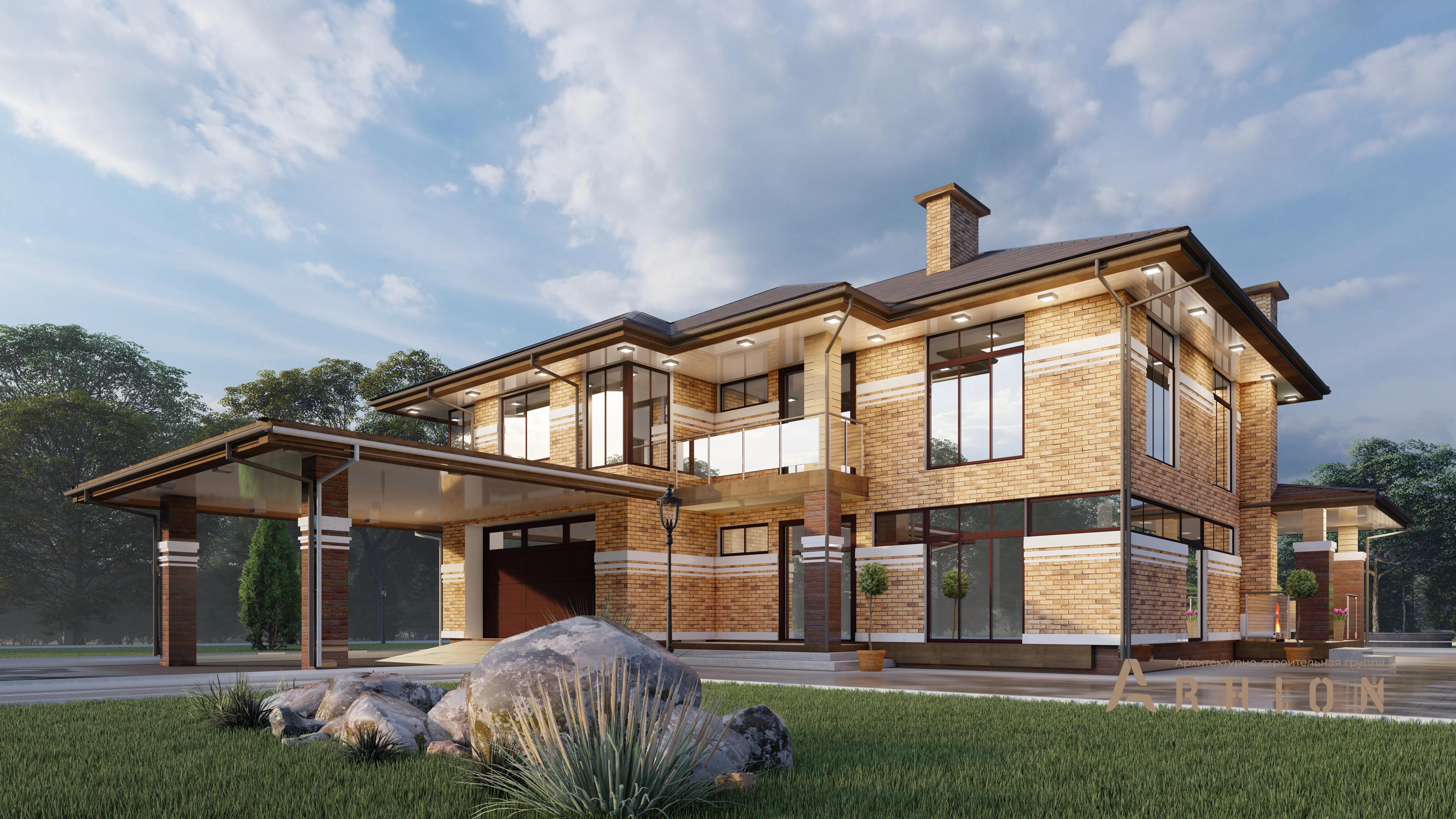 2. Проект двухэтажного дома в стиле Ллойда Райта (прерий) с плоской кровлей , h-1617, площадью - 596 кв c цокольным этажом, сауной, терассой, балконом, гаражом, вторым светом