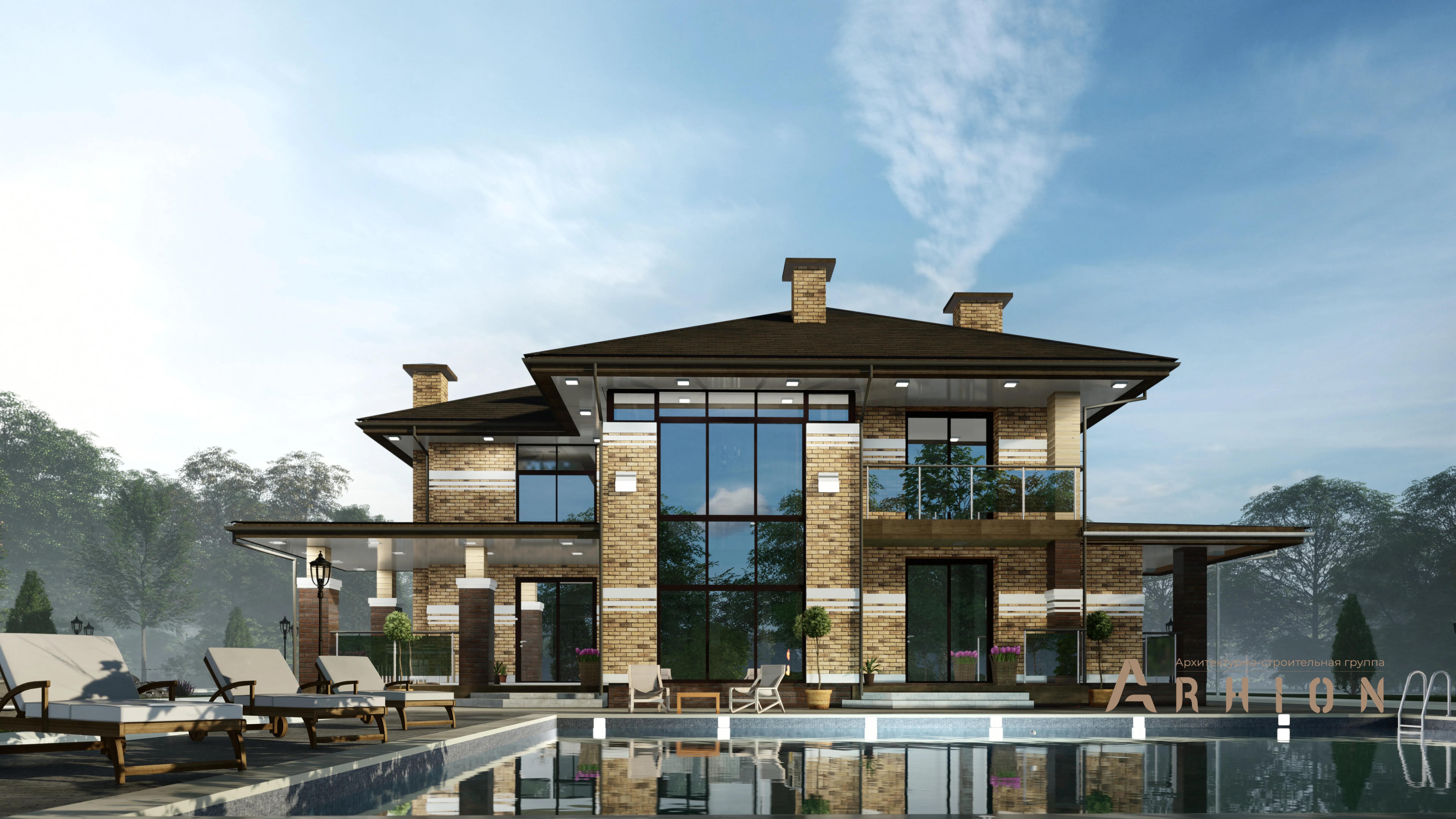 1. Проект двухэтажного дома в стиле Ллойда Райта (прерий) с плоской кровлей , h-1617, площадью - 596 кв c цокольным этажом, сауной, терассой, балконом, гаражом, вторым светом