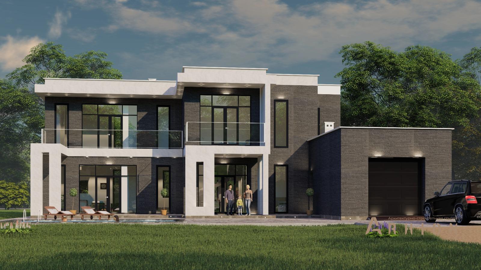 1. Проект двухэтажного дома в стиле хай-тек с плоской кровлей , h-1623, площадью - 367 кв c терассой, балконом, гаражом, вторым светом