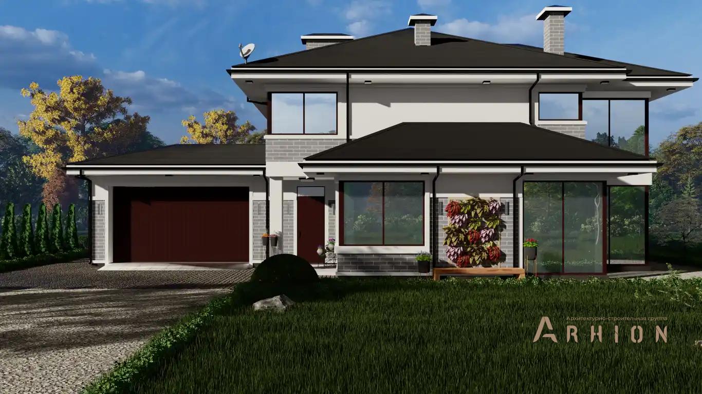 2. Проект двухэтажного дома в современном стиле с многоскатной кровлей, h-1624, площадью - 261 кв c гаражом, вторым светом