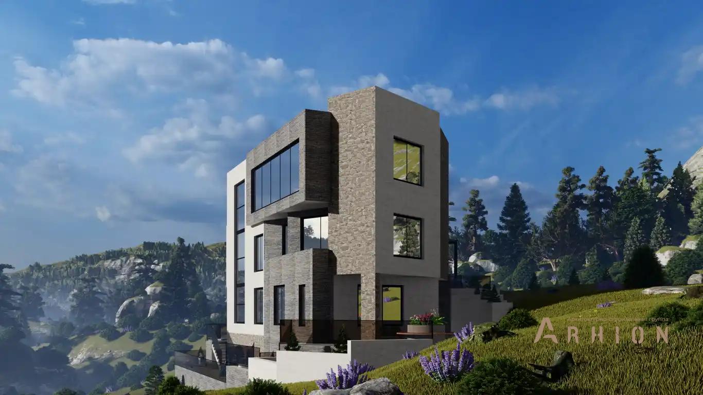 6. Проект трехэтажного дома в стиле хай-тек с плоской кровлей , h-1626, площадью - 426 кв c терассой, балконом, гаражом, вторым светом