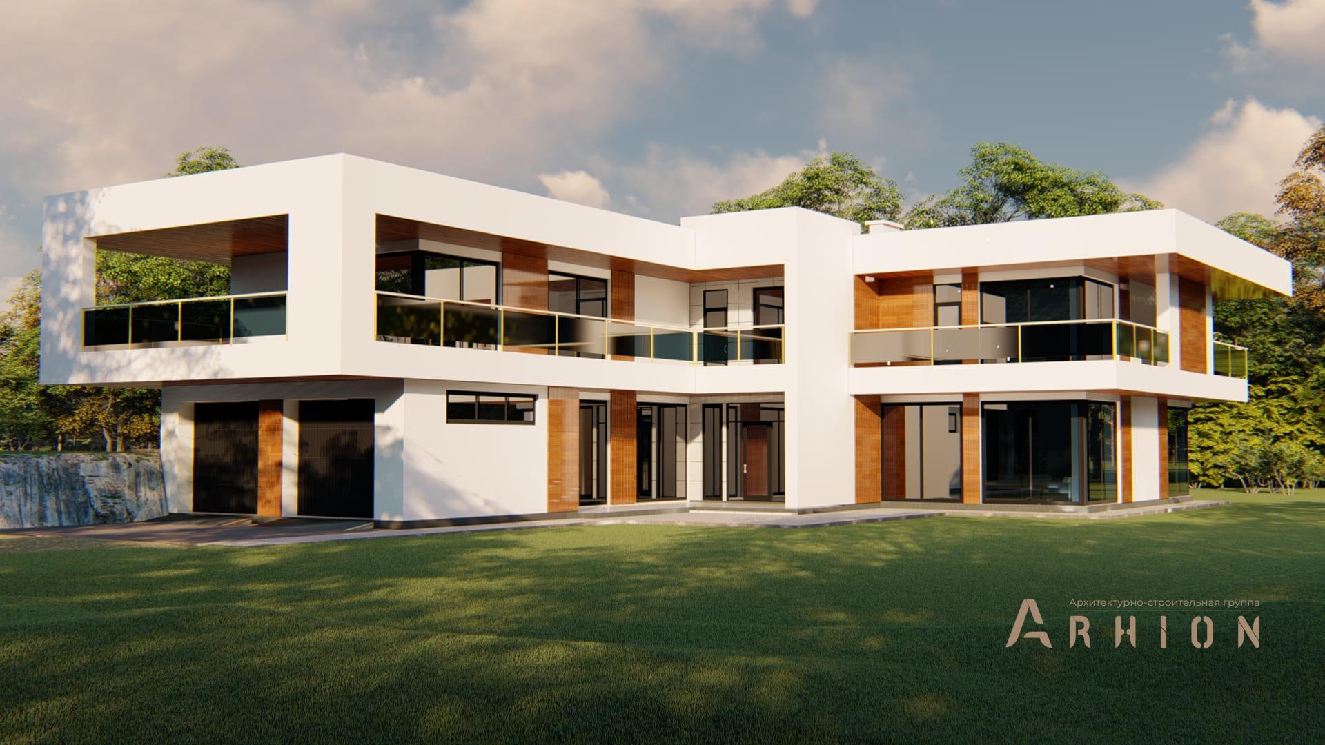 1. Проект двухэтажного дома в стиле хай-тек с плоской кровлей , h-1805, площадью - 569 кв c сауной, терассой, балконом, гаражом, бассейном