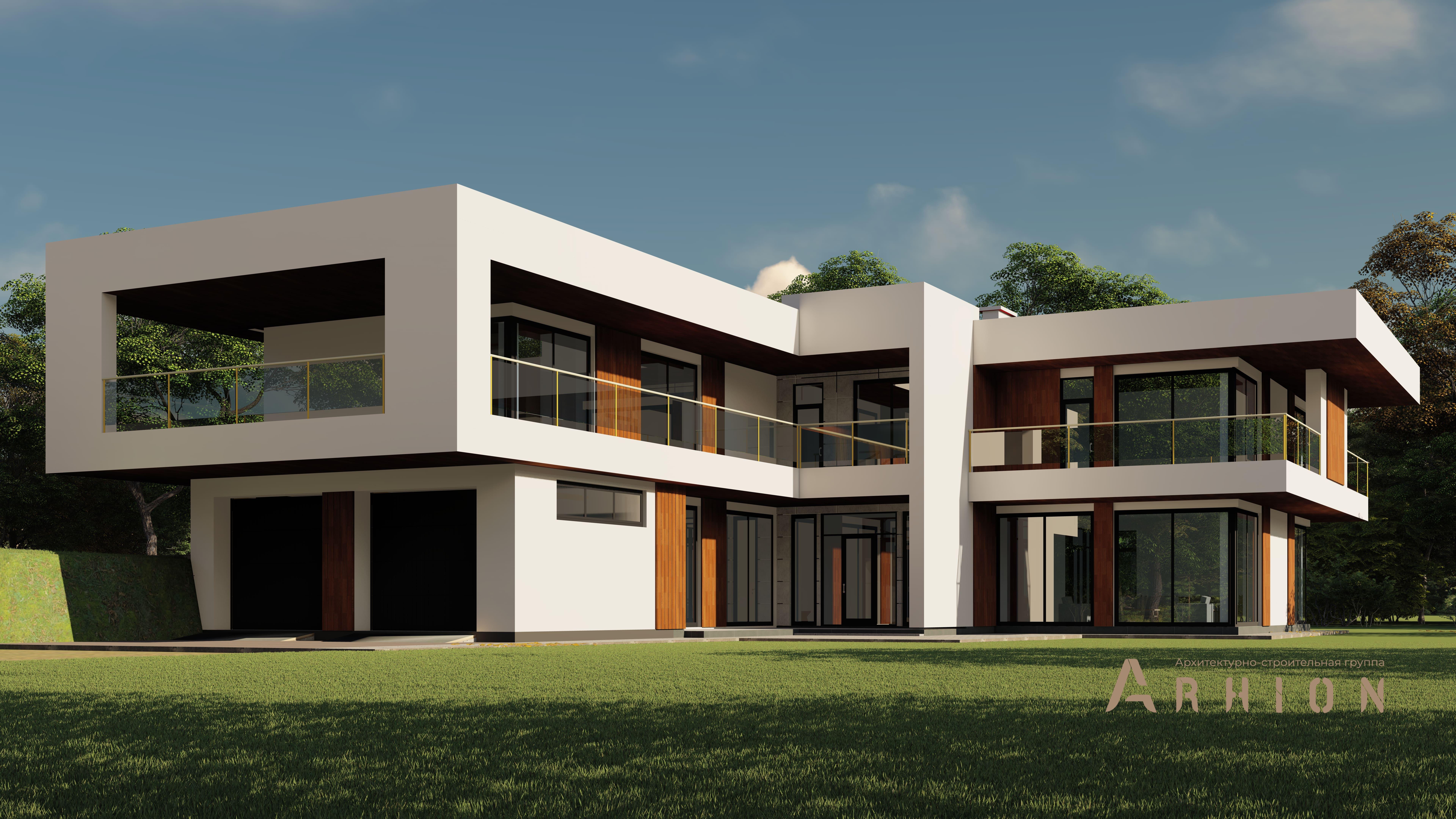 5. Проект двухэтажного дома в стиле хай-тек с плоской кровлей , h-1805, площадью - 569 кв c сауной, терассой, балконом, гаражом, бассейном