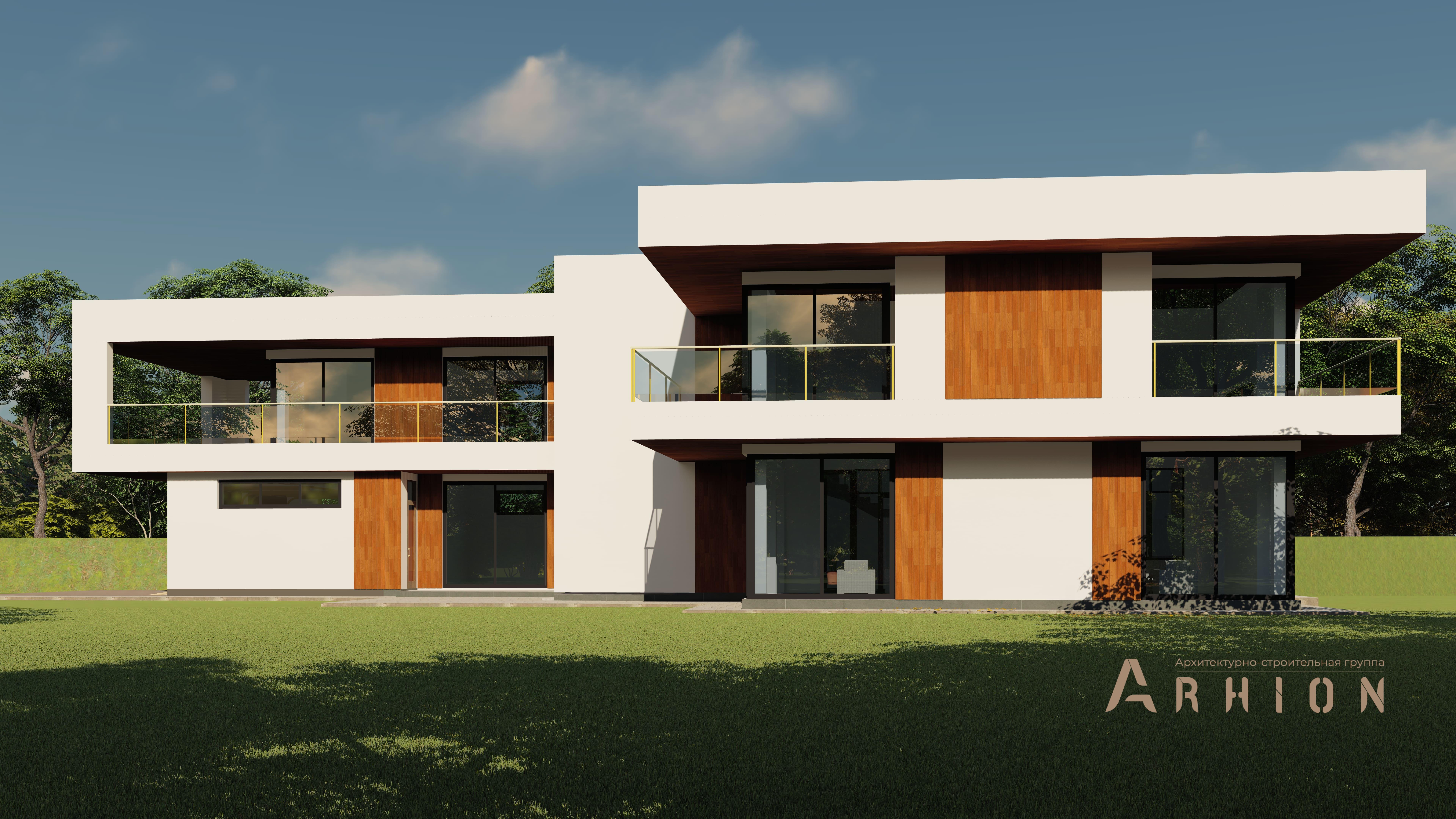 4. Проект двухэтажного дома в стиле хай-тек с плоской кровлей , h-1805, площадью - 569 кв c сауной, терассой, балконом, гаражом, бассейном