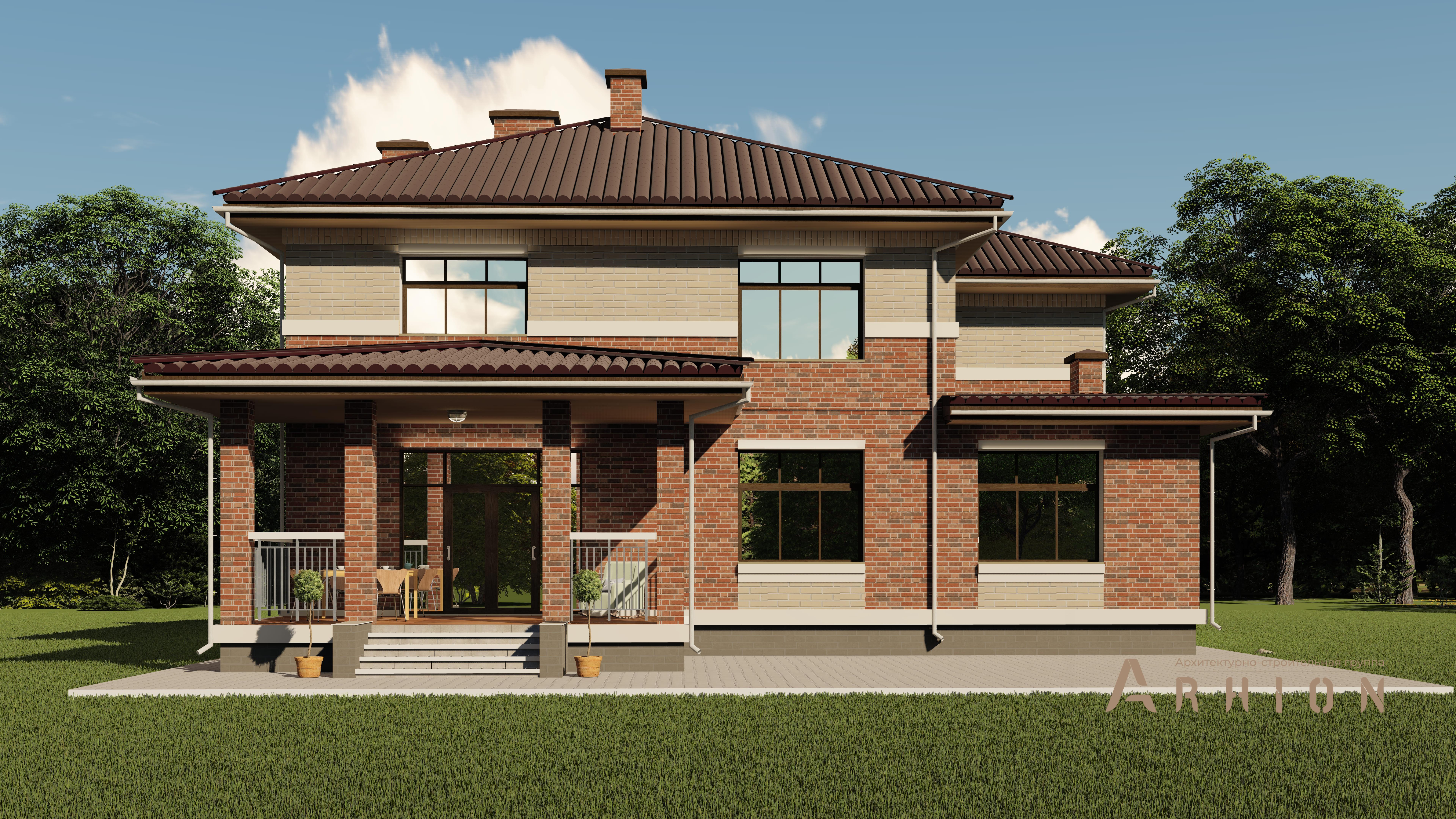 4. Проект двухэтажного дома в современном стиле с четырехскатной, h-1808, площадью - 256 кв c терассой, балконом