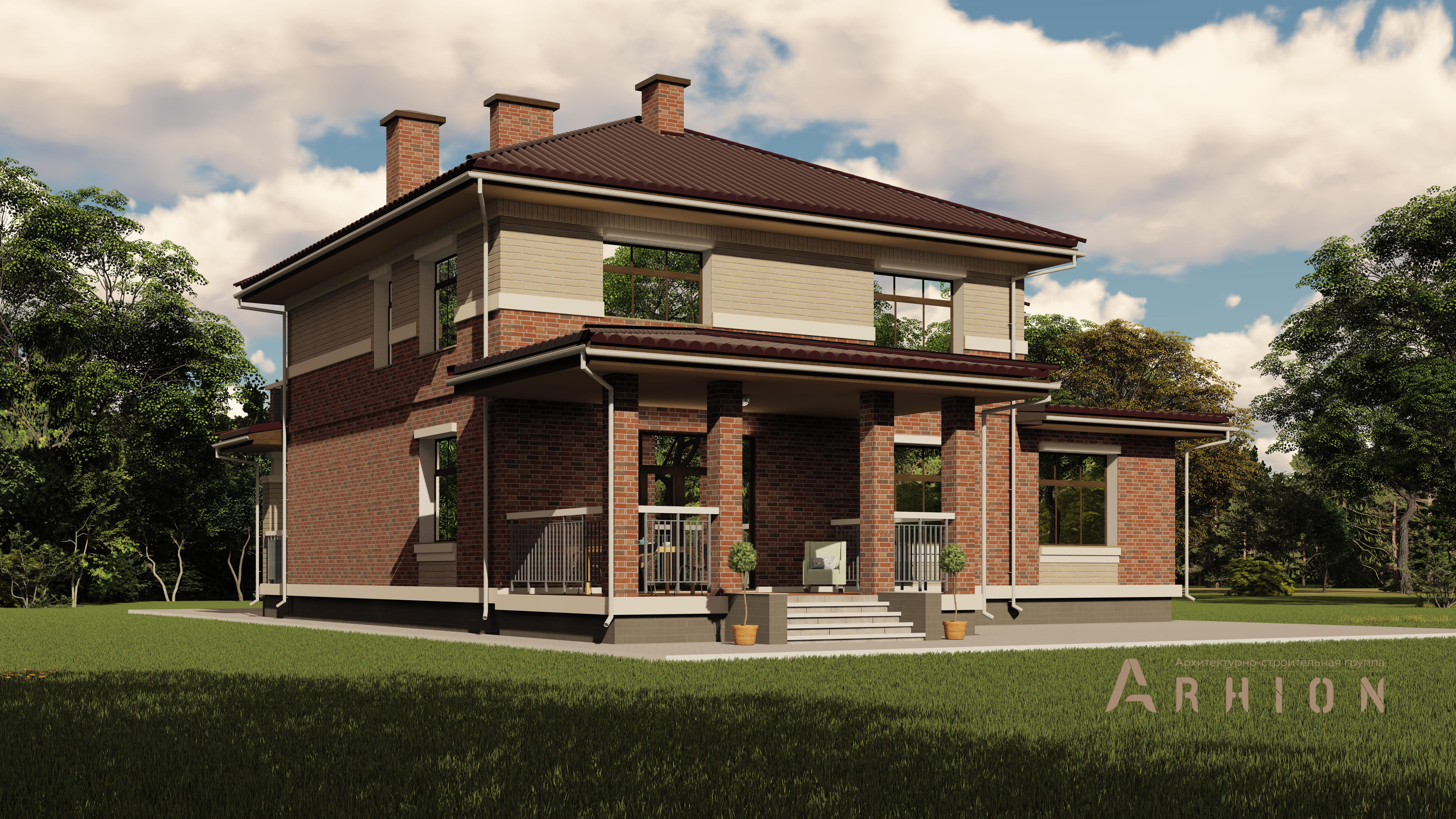 2. Проект двухэтажного дома в современном стиле с четырехскатной, h-1808, площадью - 256 кв c терассой, балконом