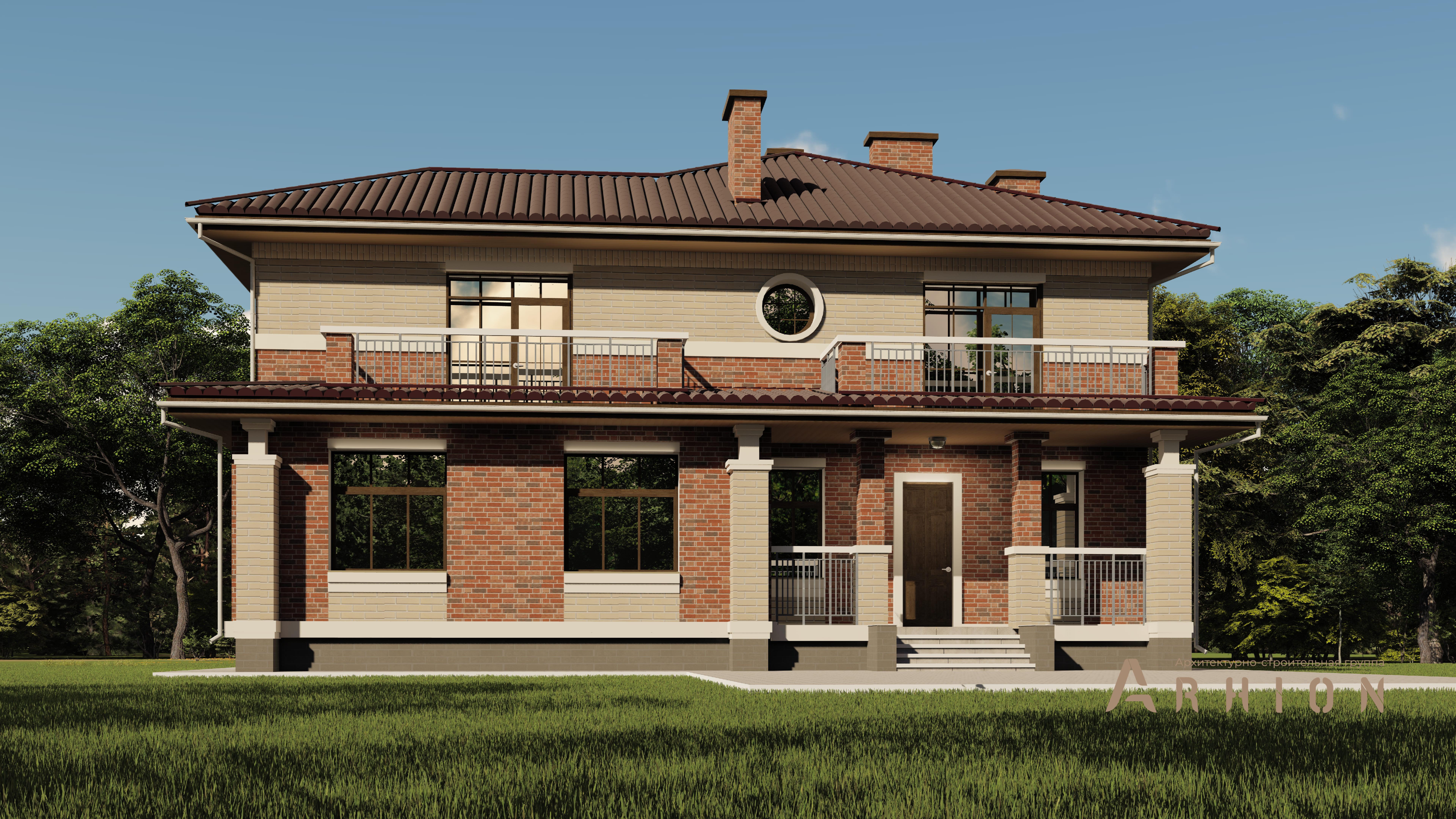 1. Проект двухэтажного дома в современном стиле с четырехскатной, h-1808, площадью - 256 кв c терассой, балконом