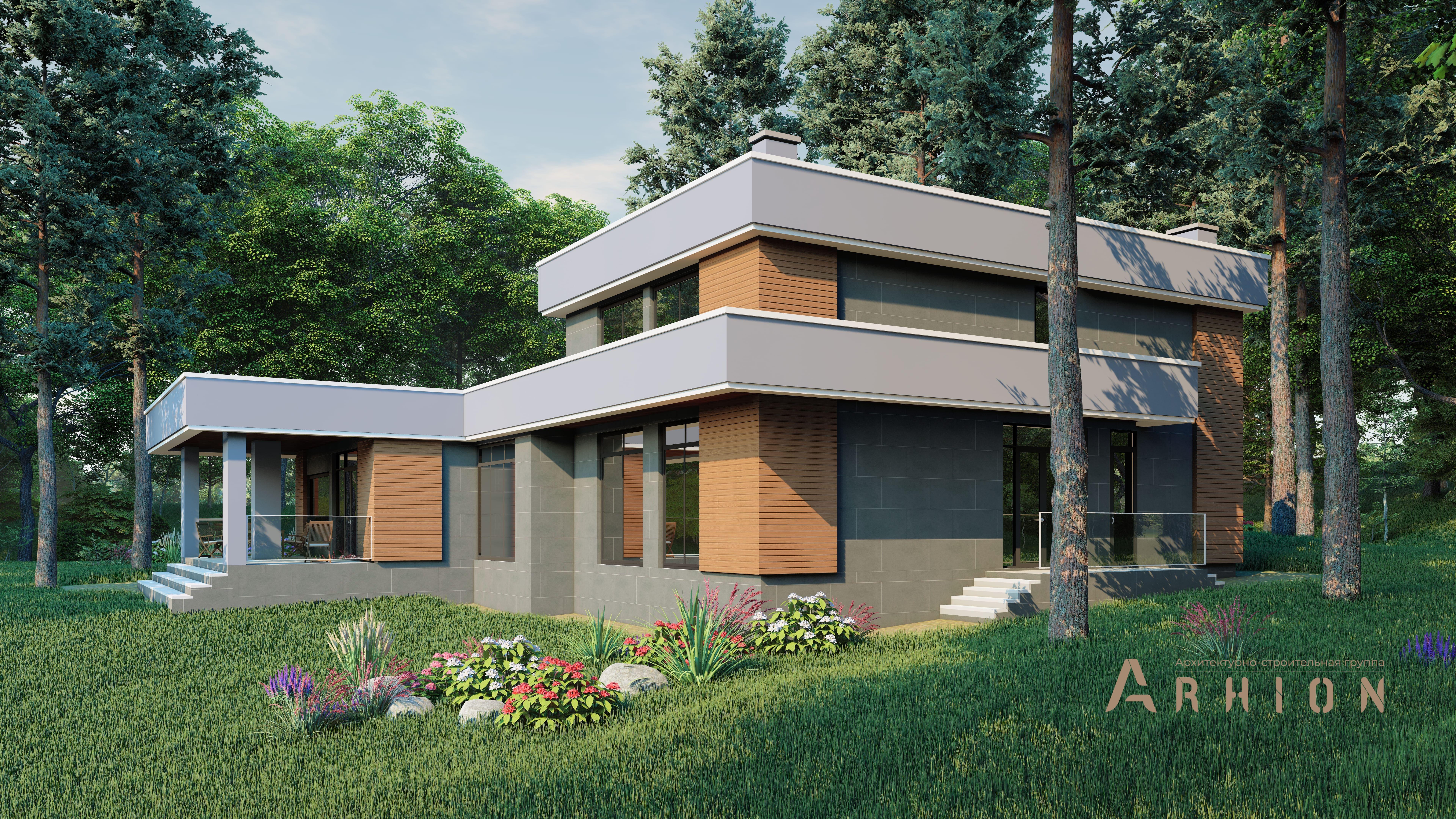 3. Проект двухэтажного дома в стиле хай-тек с плоской кровлей , h-1816, площадью - 324 кв c терассой, гаражом