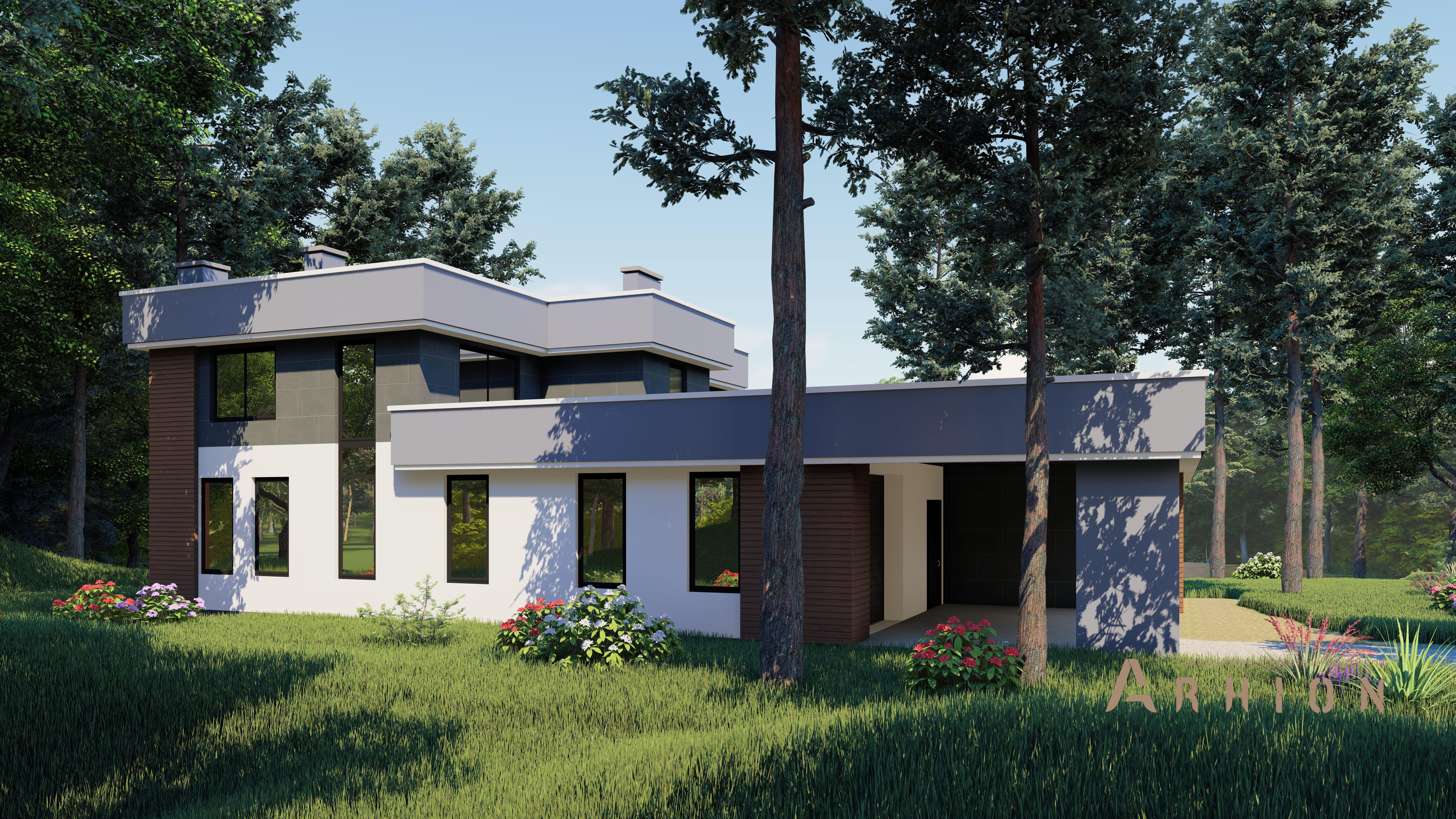 4. Проект двухэтажного дома в стиле хай-тек с плоской кровлей , h-1816, площадью - 324 кв c терассой, гаражом