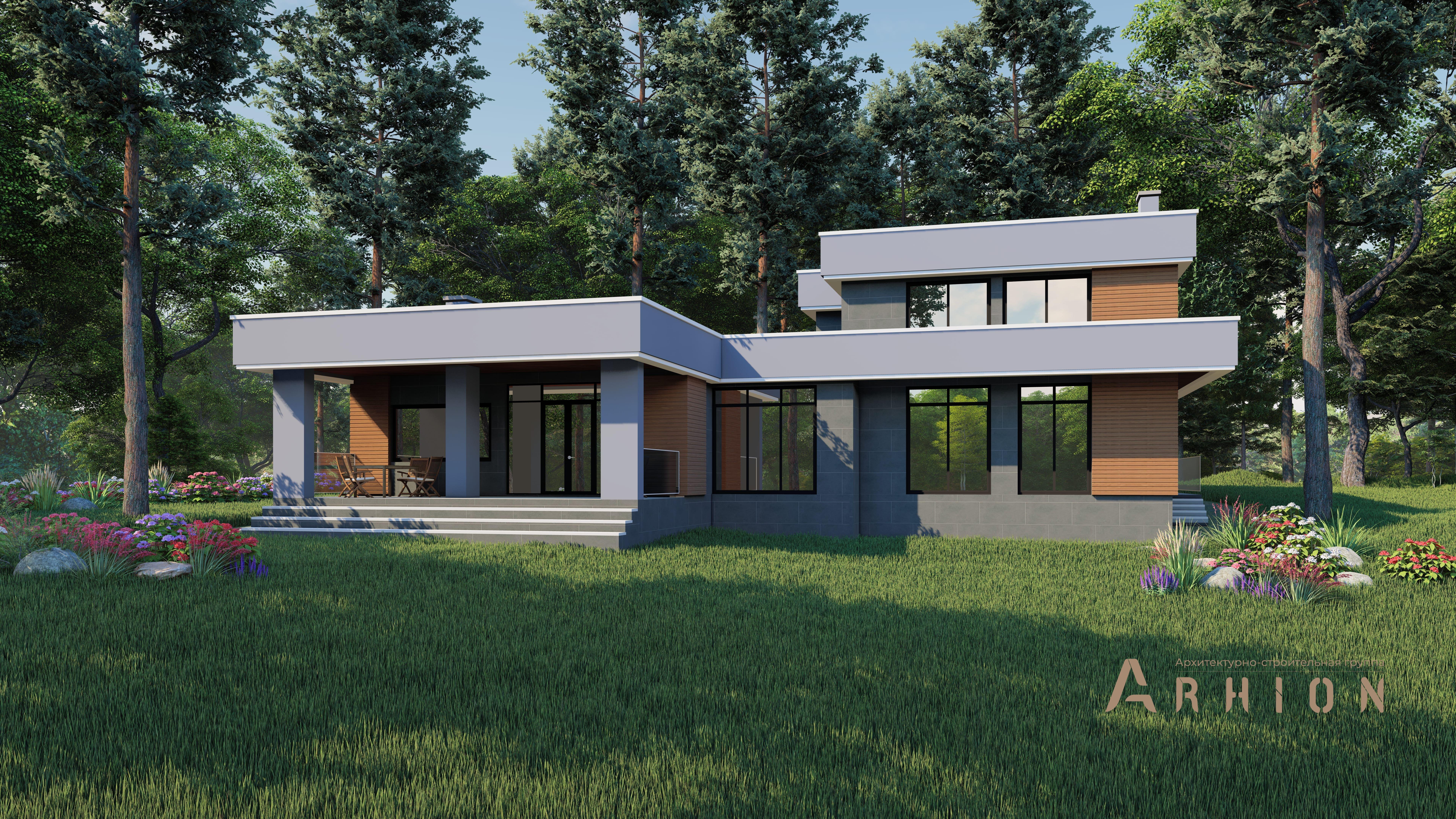 1. Проект двухэтажного дома в стиле хай-тек с плоской кровлей , h-1816, площадью - 324 кв c терассой, гаражом