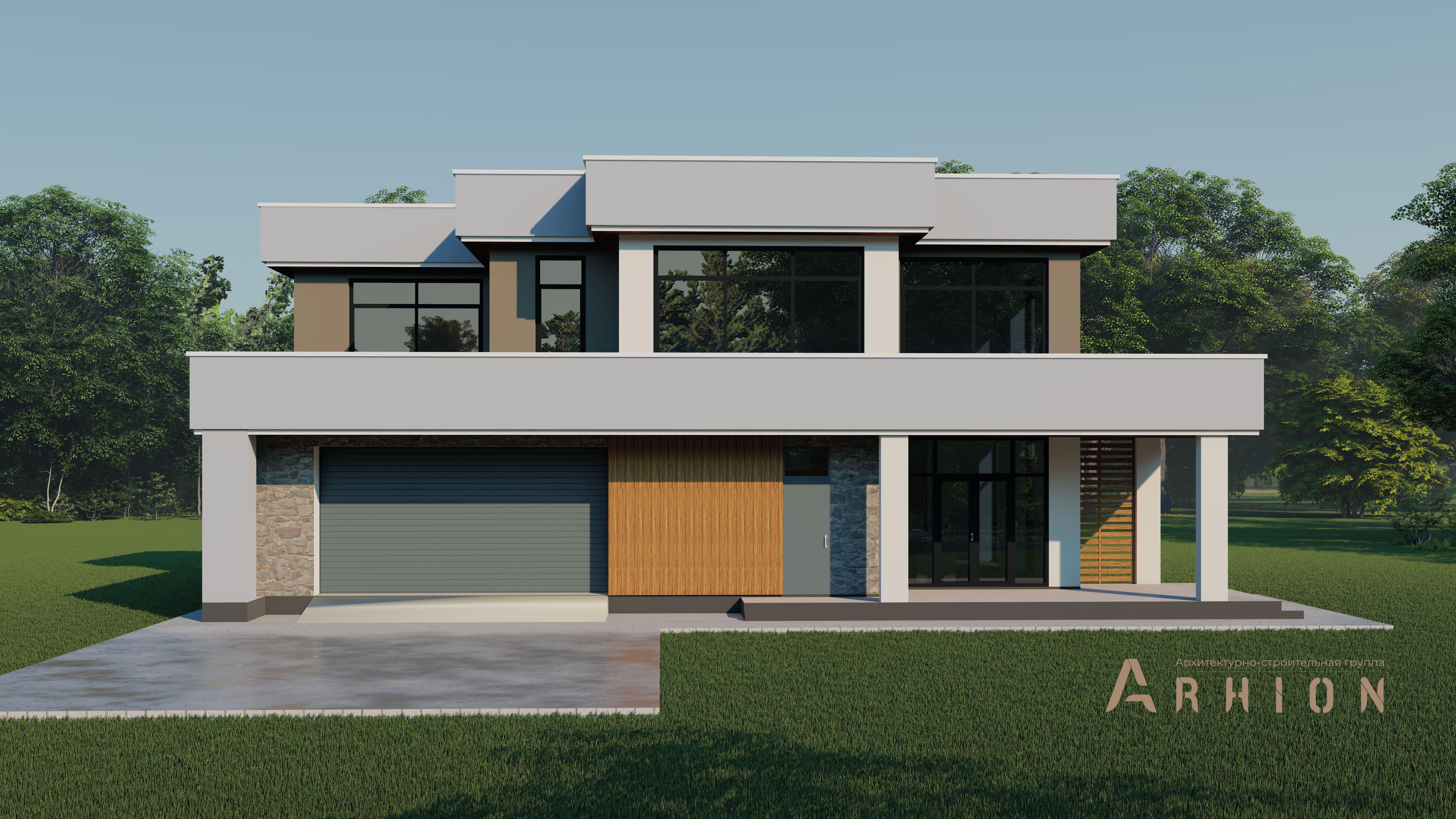 2. Проект двухэтажного дома в стиле хай-тек с плоской кровлей , h-1818, площадью - 266 кв c терассой, гаражом