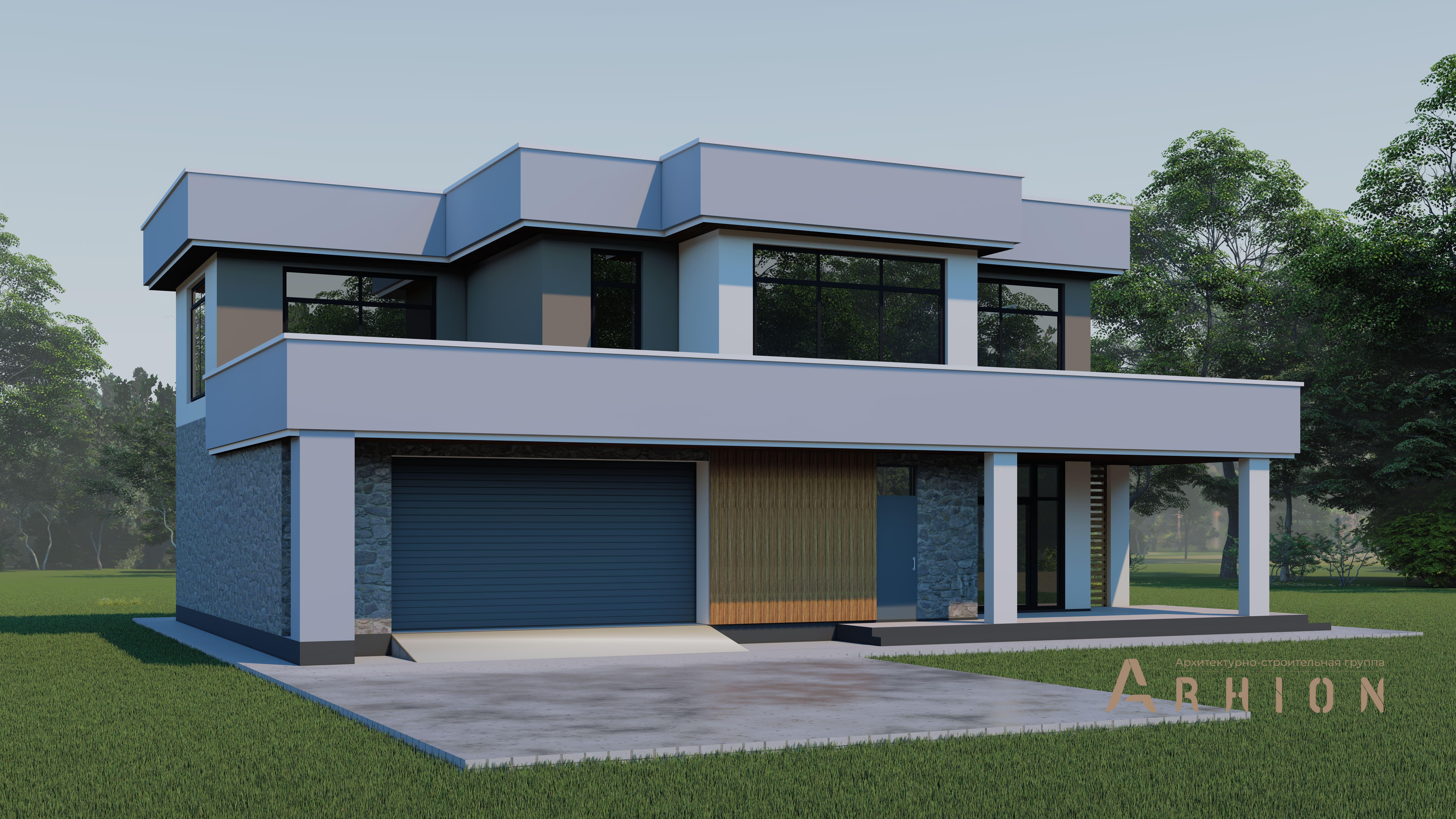 5. Проект двухэтажного дома в стиле хай-тек с плоской кровлей , h-1818, площадью - 266 кв c терассой, гаражом