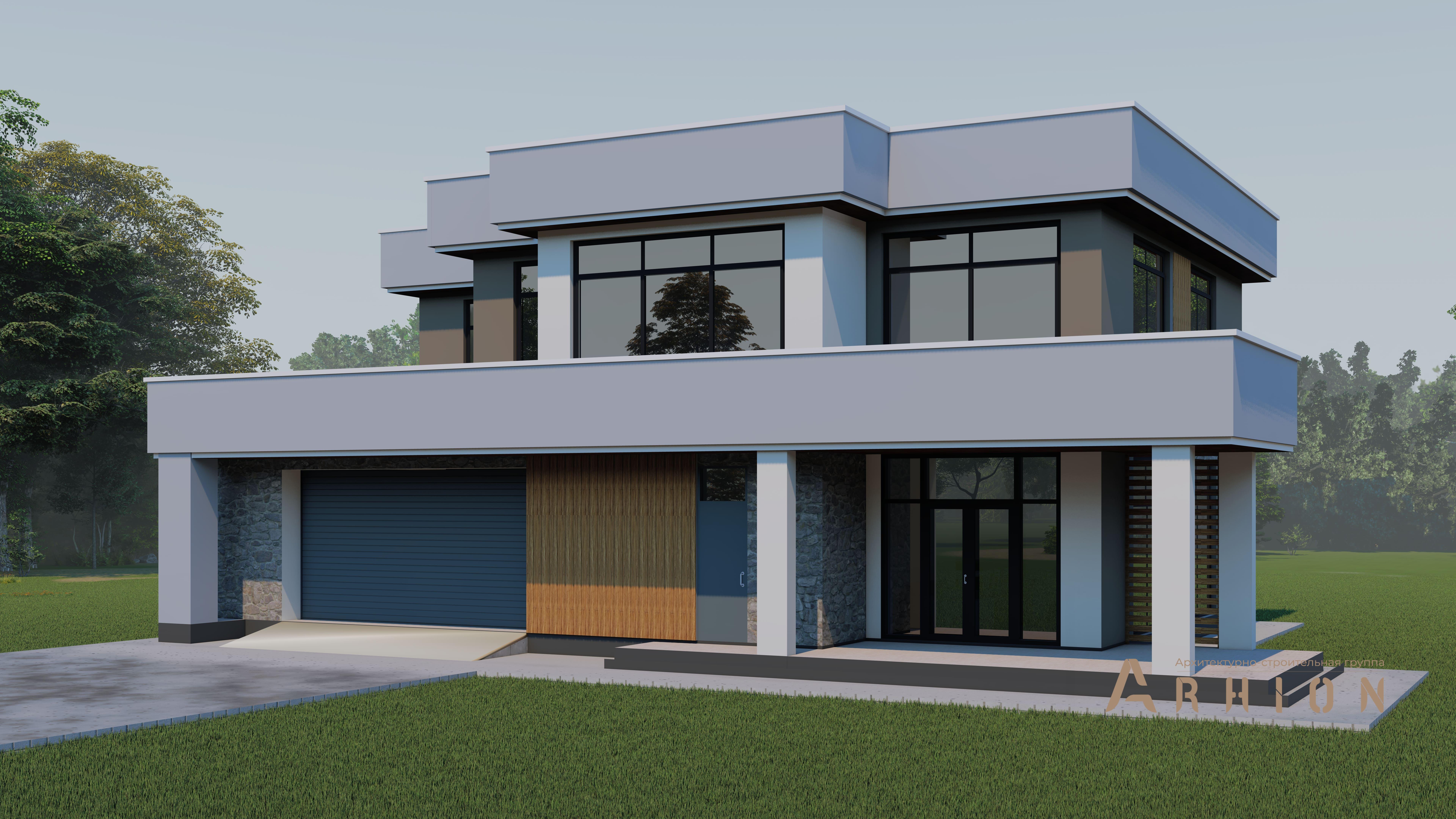 1. Проект двухэтажного дома в стиле хай-тек с плоской кровлей , h-1818, площадью - 266 кв c терассой, гаражом