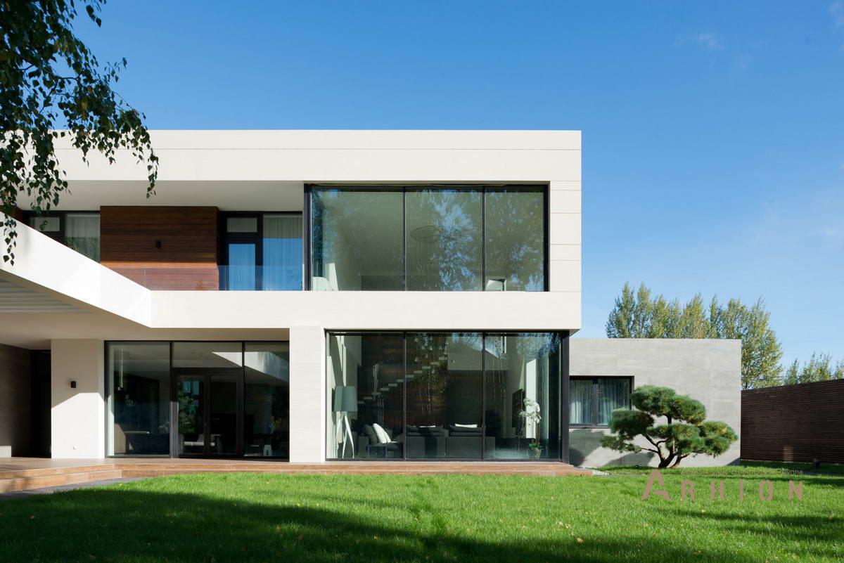 14. Проект двухэтажного дома в стиле хай-тек с плоской кровлей , h-22, площадью - 850 кв c цокольным этажом, сауной, терассой, балконом, гаражом, бассейном, эркером, вторым светом