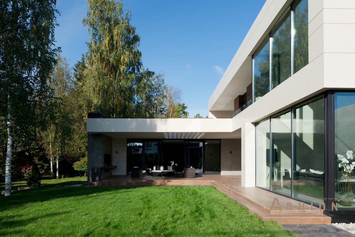 12. Проект двухэтажного дома в стиле хай-тек с плоской кровлей , h-22, площадью - 850 кв c цокольным этажом, сауной, терассой, балконом, гаражом, бассейном, эркером, вторым светом