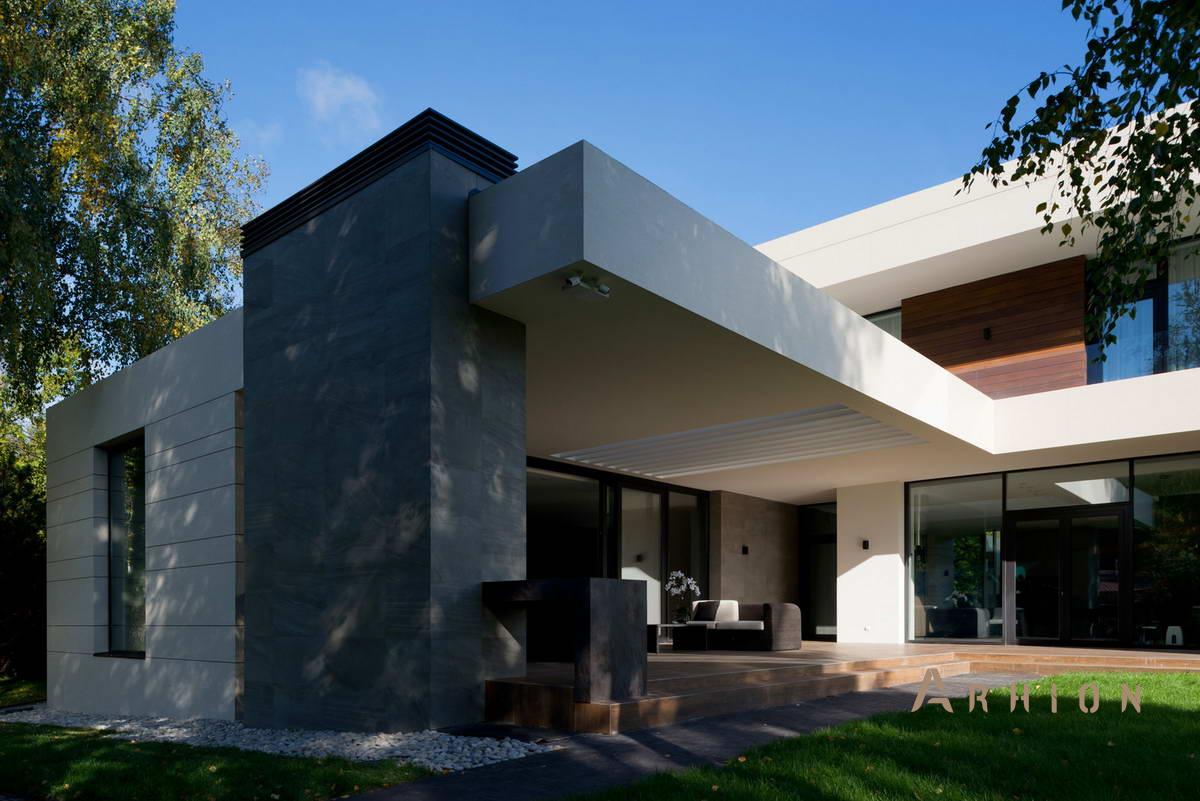 13. Проект двухэтажного дома в стиле хай-тек с плоской кровлей , h-22, площадью - 850 кв c цокольным этажом, сауной, терассой, балконом, гаражом, бассейном, эркером, вторым светом