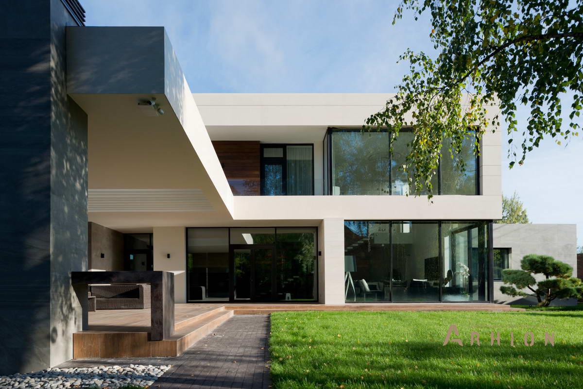 8. Проект двухэтажного дома в стиле хай-тек с плоской кровлей , h-22, площадью - 850 кв c цокольным этажом, сауной, терассой, балконом, гаражом, бассейном, эркером, вторым светом